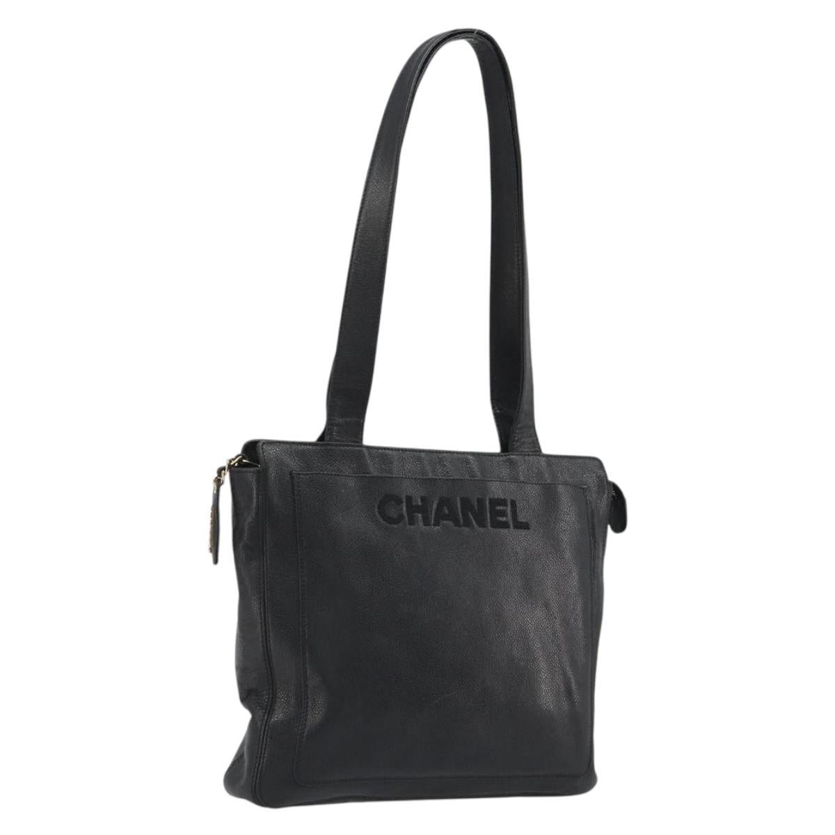 CHANEL Tote Bag Caviar Skin Black Gold CC Auth 188330A