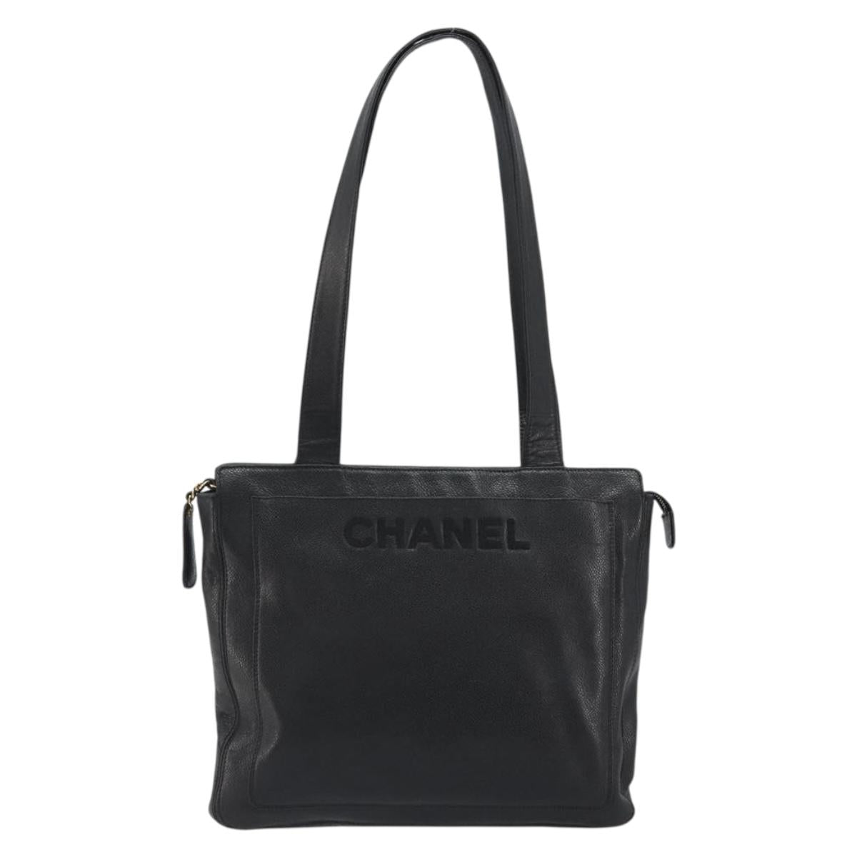 CHANEL Tote Bag Caviar Skin Black Gold CC Auth 188330A