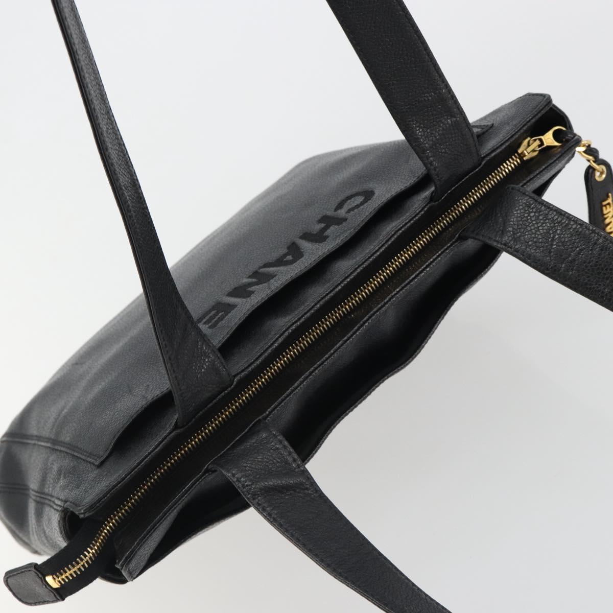 CHANEL Tote Bag Caviar Skin Black Gold CC Auth 188330A