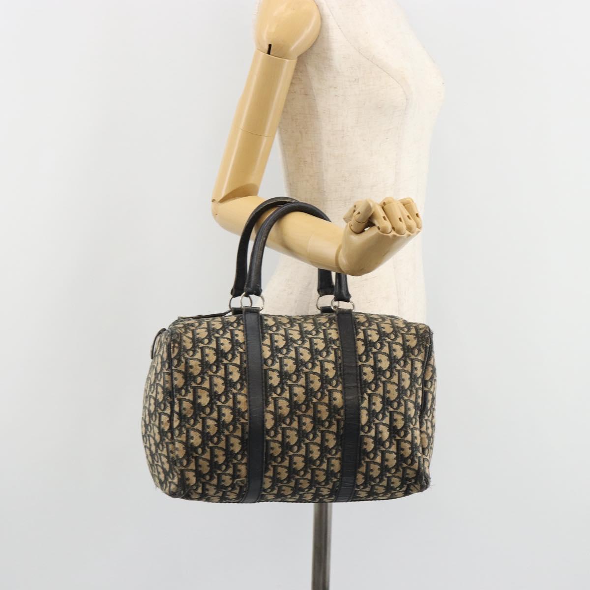 Christian Dior Trotter Canvas Boston Bag Navy Silver Auth 188337