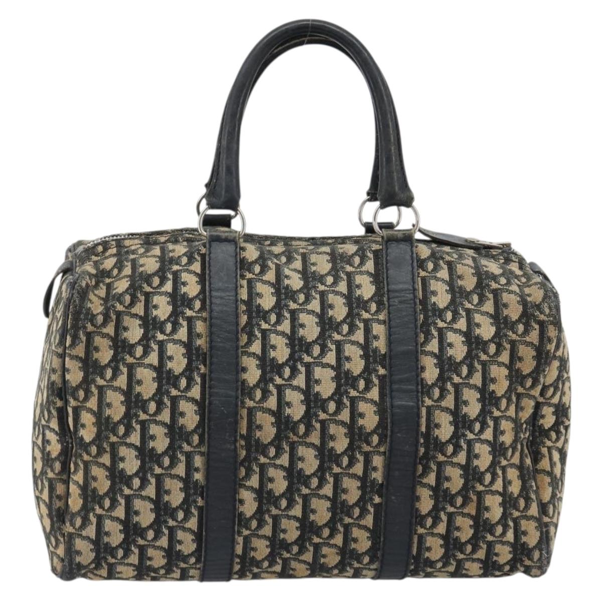 Christian Dior Trotter Canvas Boston Bag Navy Silver Auth 188337