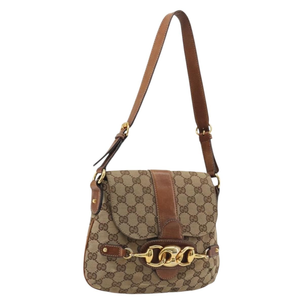 GUCCI Horsebit GG Canvas Shoulder Bag Beige Gold 159301 Auth 188349