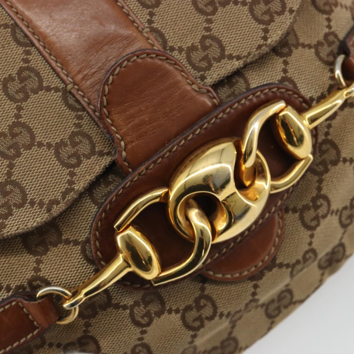 GUCCI Horsebit GG Canvas Shoulder Bag Beige Gold 159301 Auth 188349