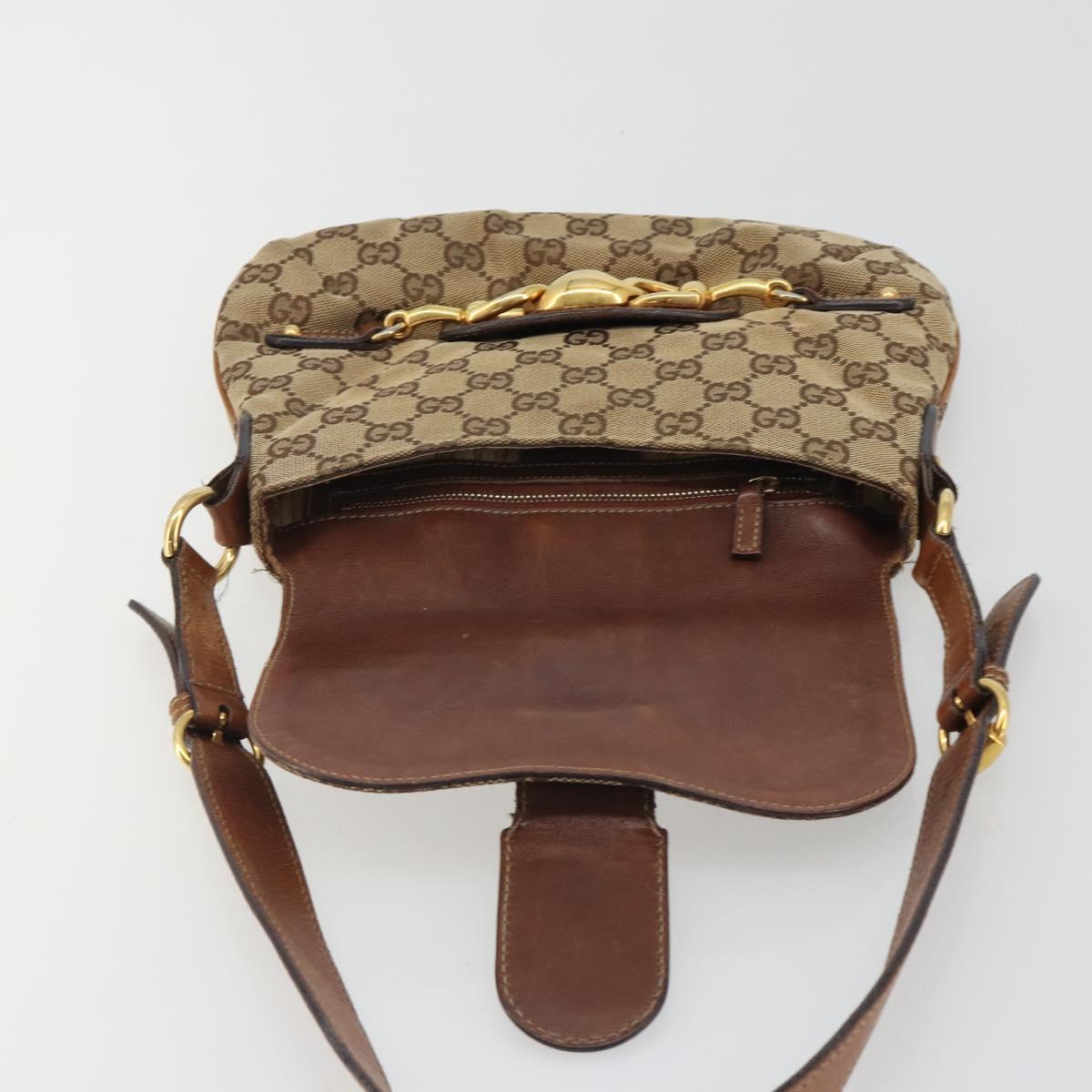 GUCCI Horsebit GG Canvas Shoulder Bag Beige Gold 159301 Auth 188349