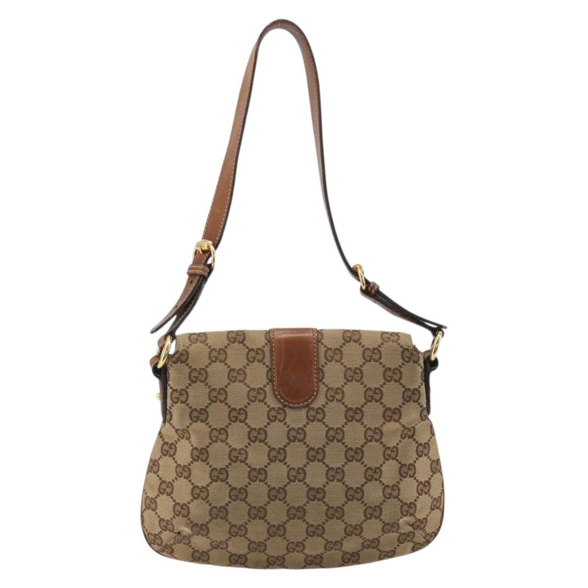 GUCCI Horsebit GG Canvas Shoulder Bag Beige Gold 159301 Auth 188349