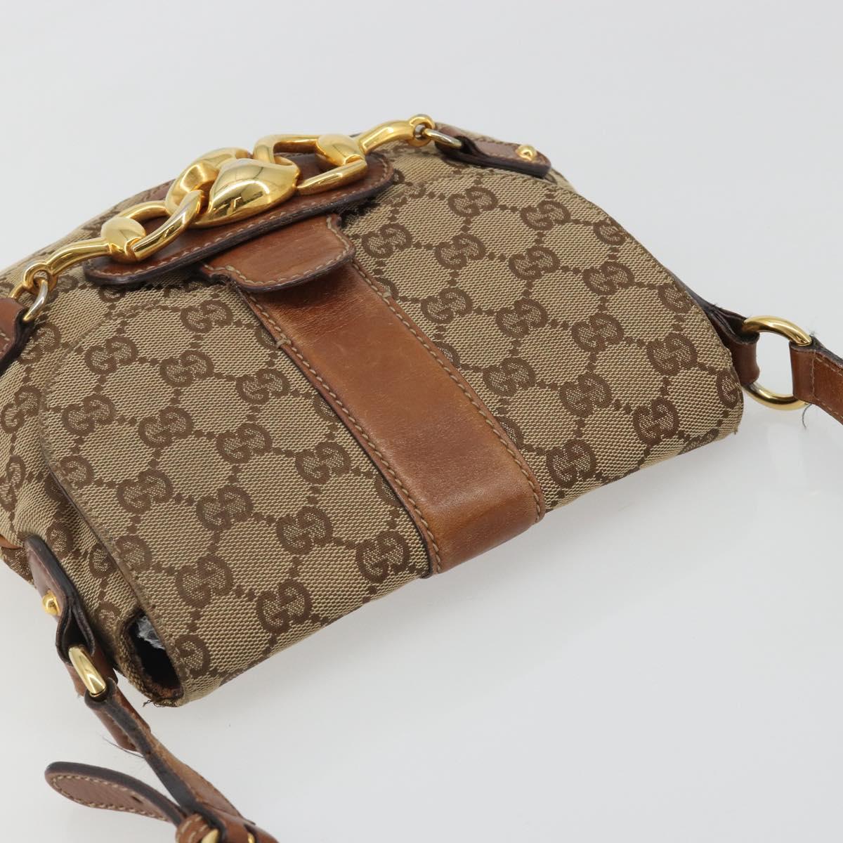 GUCCI Horsebit GG Canvas Shoulder Bag Beige Gold 159301 Auth 188349