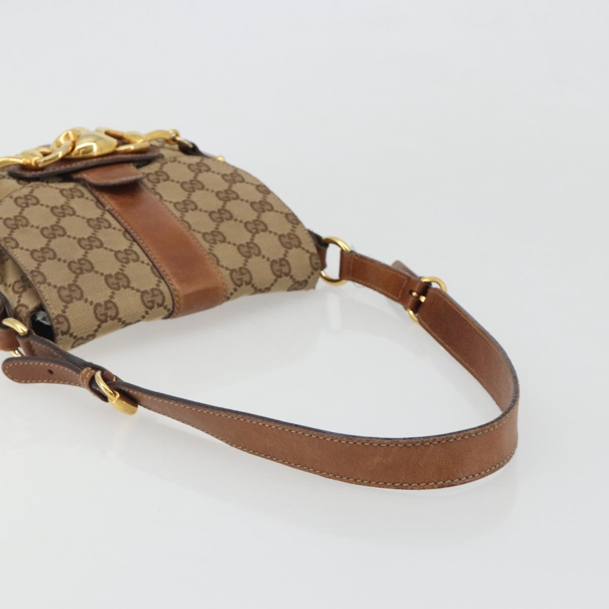 GUCCI Horsebit GG Canvas Shoulder Bag Beige Gold 159301 Auth 188349