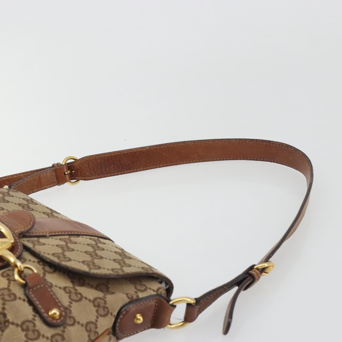 GUCCI Horsebit GG Canvas Shoulder Bag Beige Gold 159301 Auth 188349