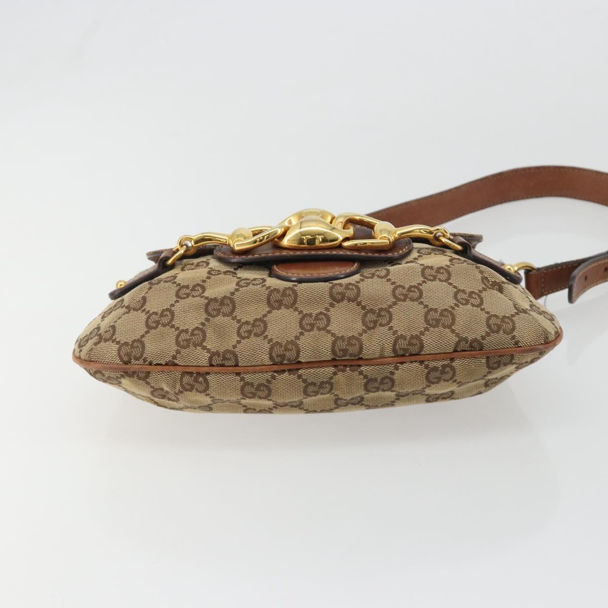 GUCCI Horsebit GG Canvas Shoulder Bag Beige Gold 159301 Auth 188349