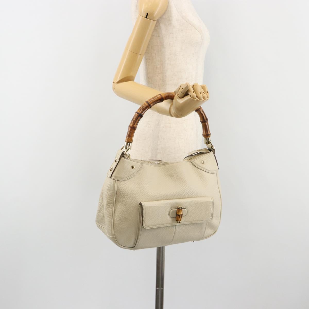 GUCCI Bamboo Hand Bag Leather White Gold 137383 Auth 188350A