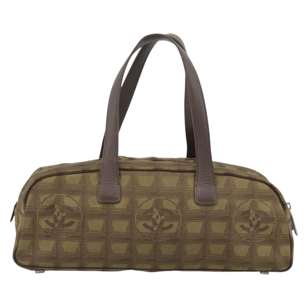 CHANEL New Travel Line Hand Bag Canvas Khaki Silver CC Auth 188351