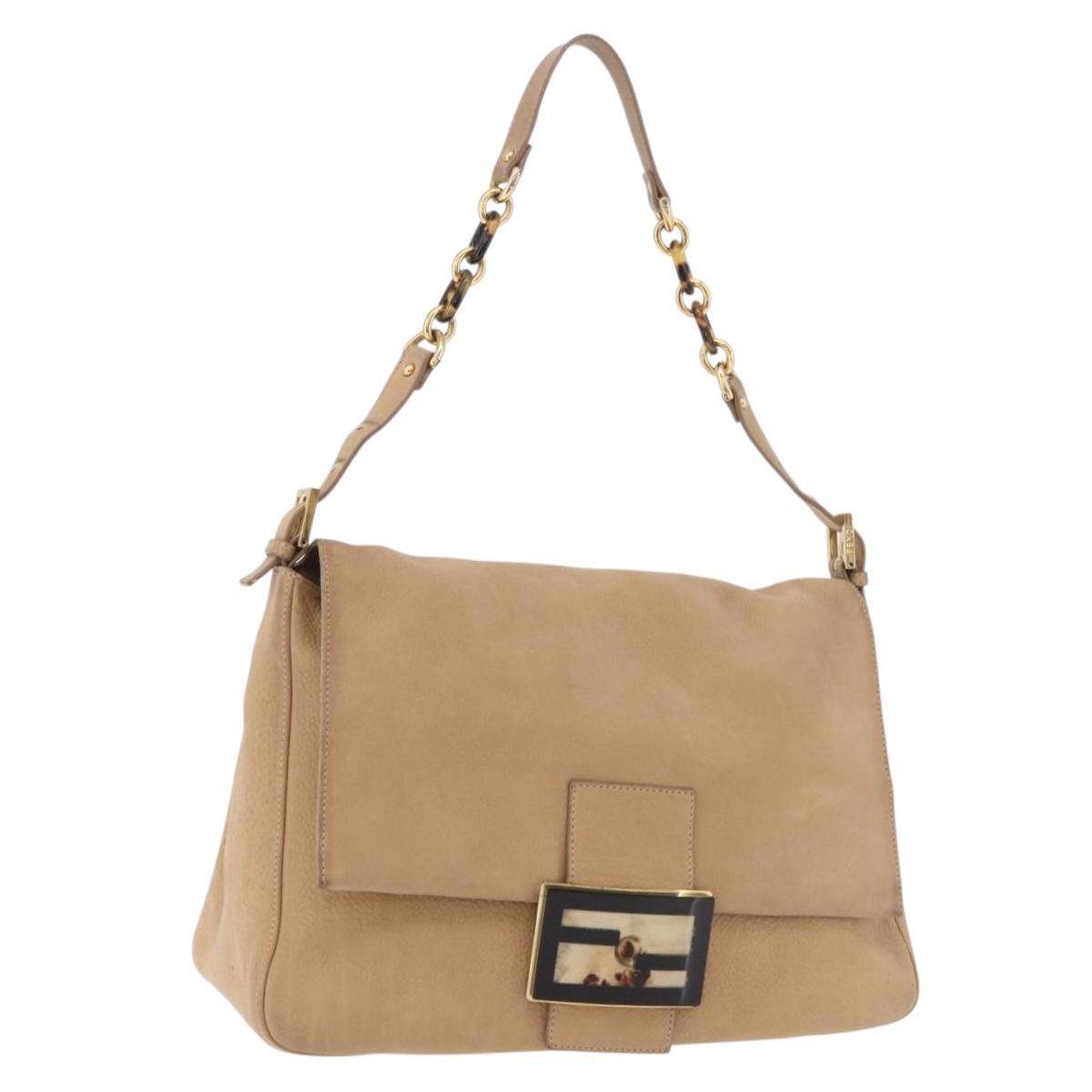 FENDI Big Mamma Baguette Shoulder Bag Leather Beige Gold Auth 188354V
