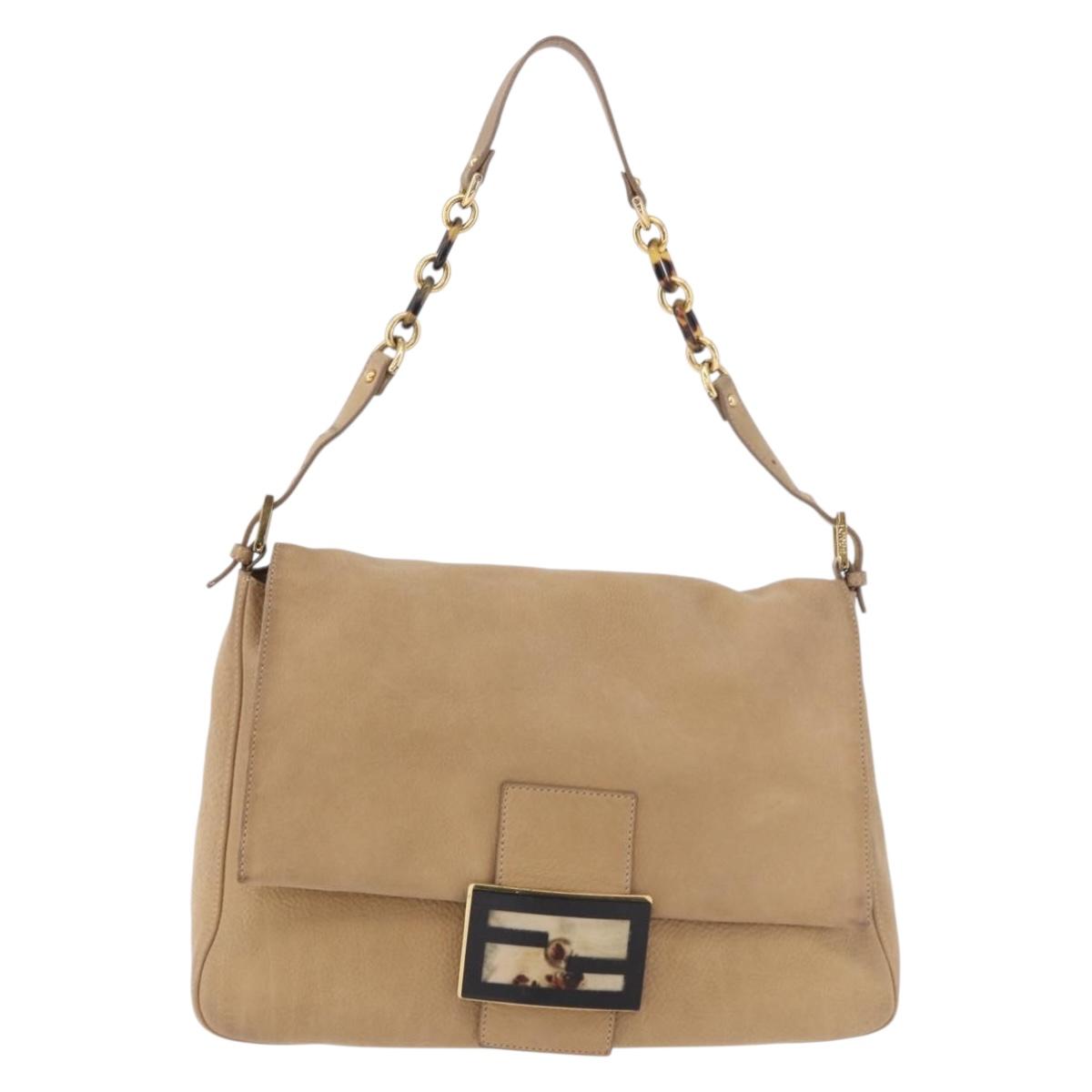 FENDI Big Mamma Baguette Shoulder Bag Leather Beige Gold Auth 188354V