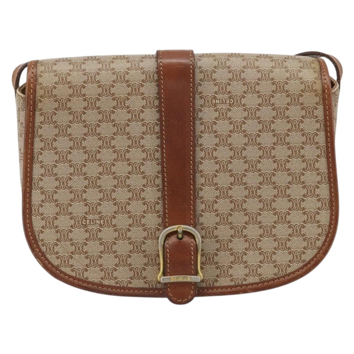 CELINE Macadam Canvas Shoulder Bag PVC Beige Gold Auth 188358A