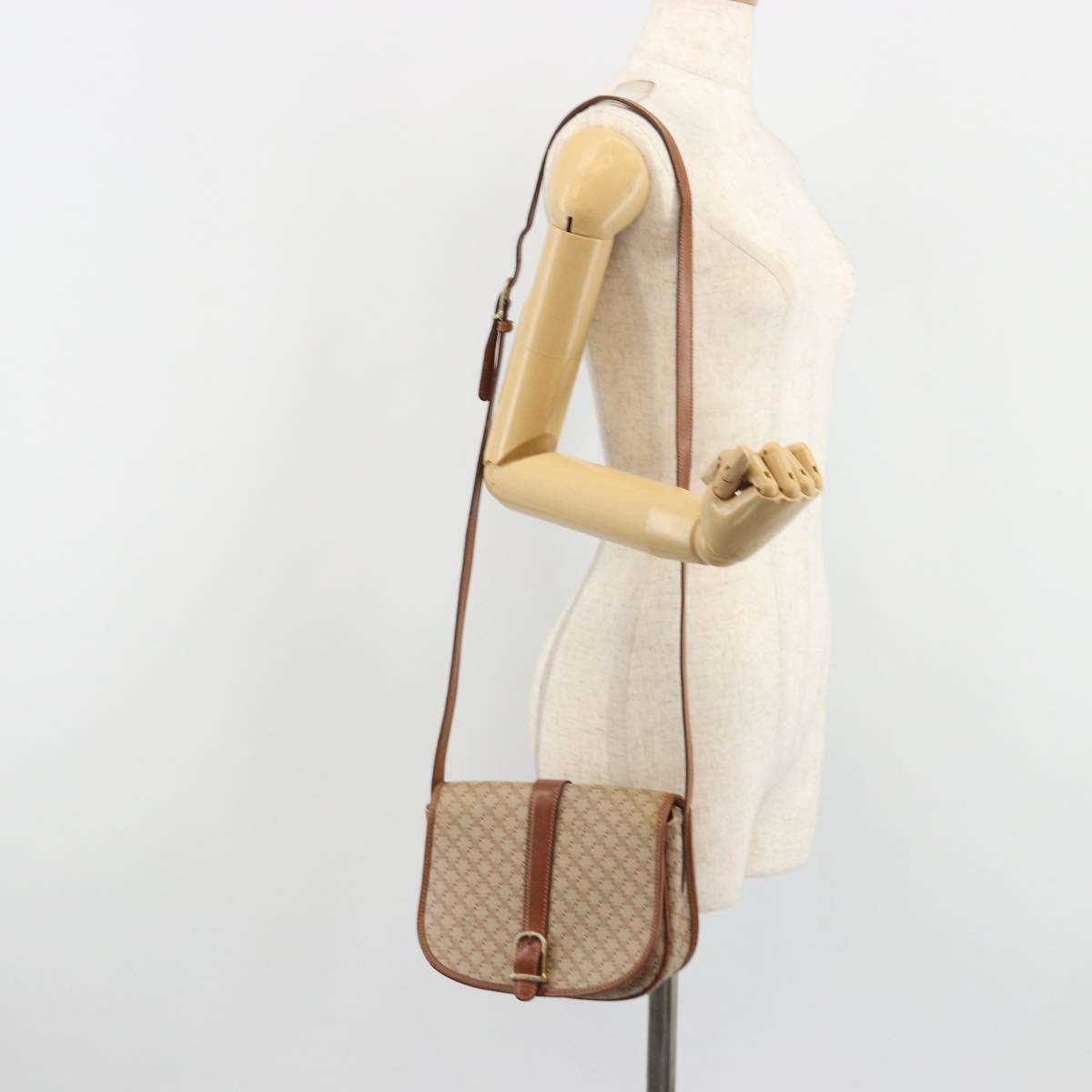 CELINE Macadam Canvas Shoulder Bag PVC Beige Gold Auth 188358A