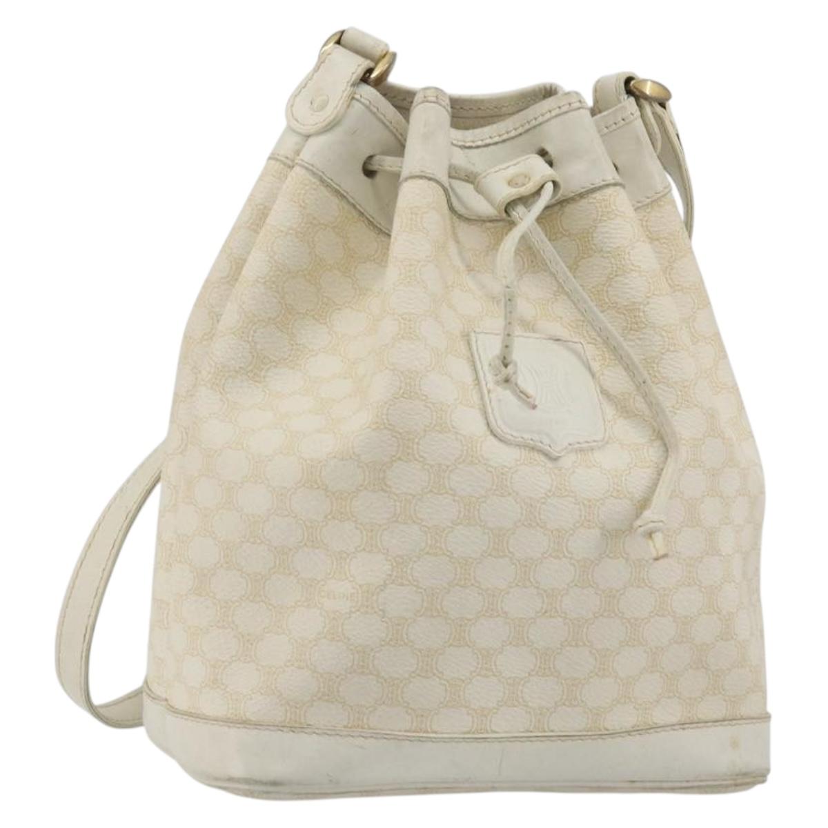 CELINE Macadam Canvas Shoulder Bag PVC Leather White Gold Auth 188363