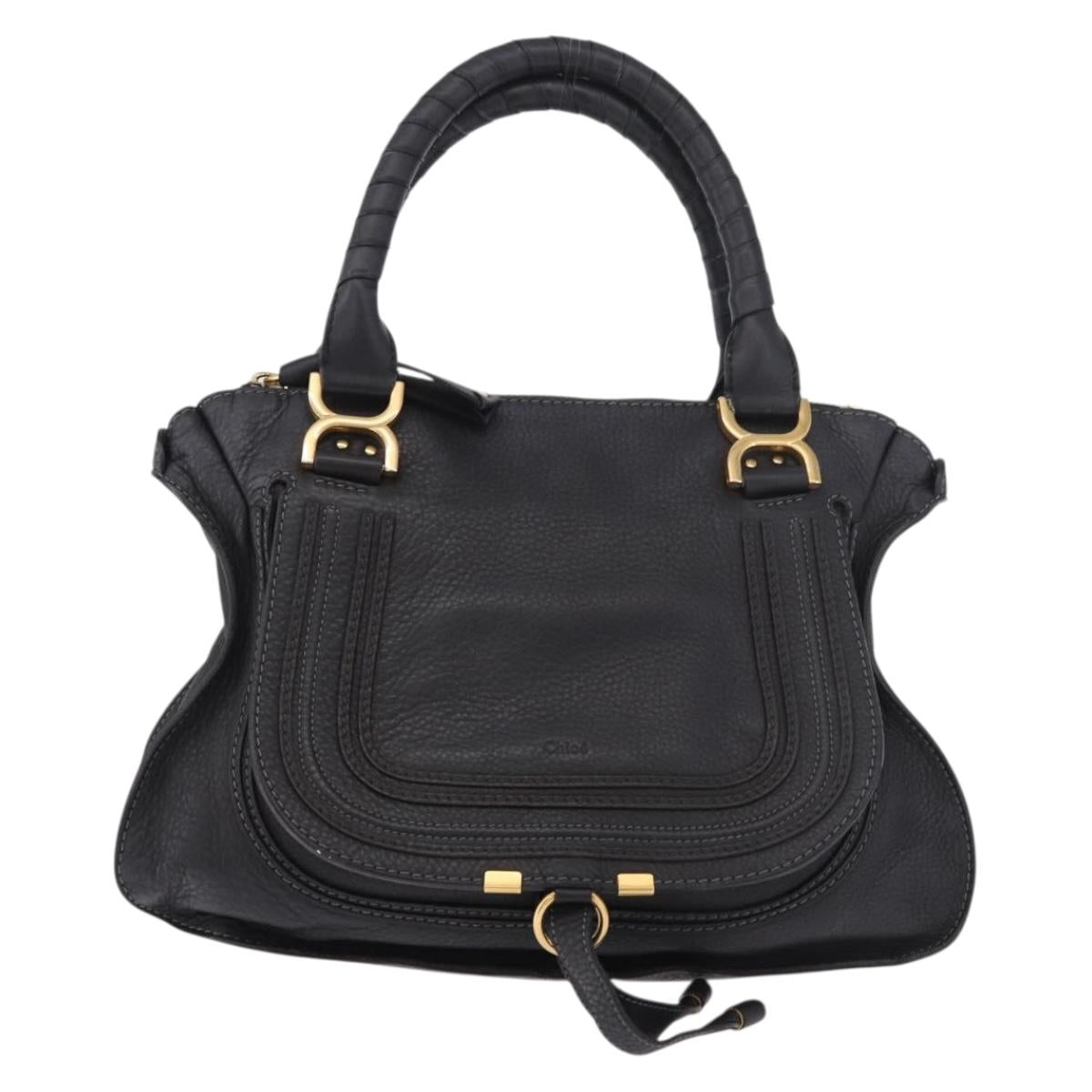 Chloe Marcie Hand Bag Leather Black Gold Auth 188366A