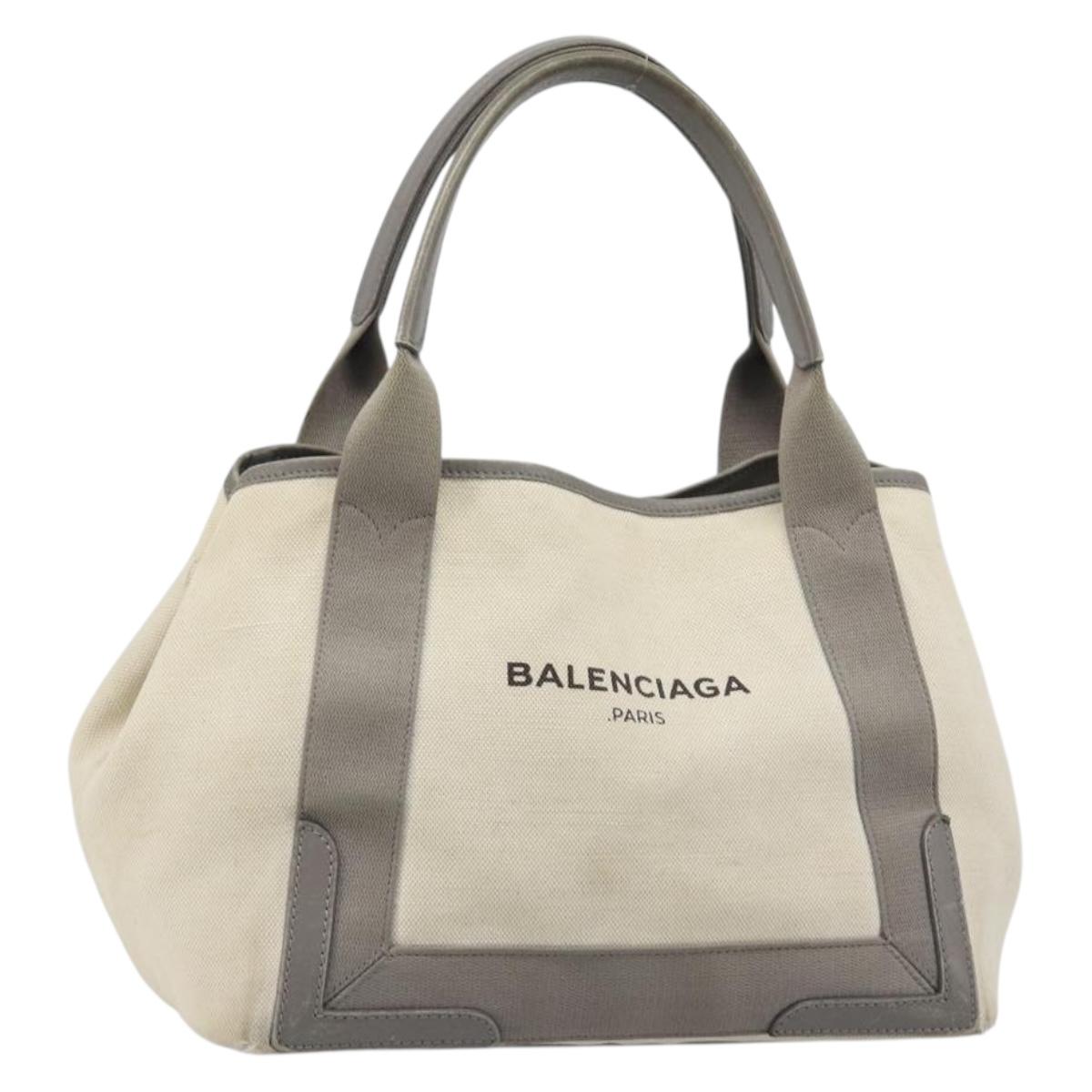 BALENCIAGA Navy Cabas S Tote Bag Canvas Leather White Silver 339933 Auth 188368