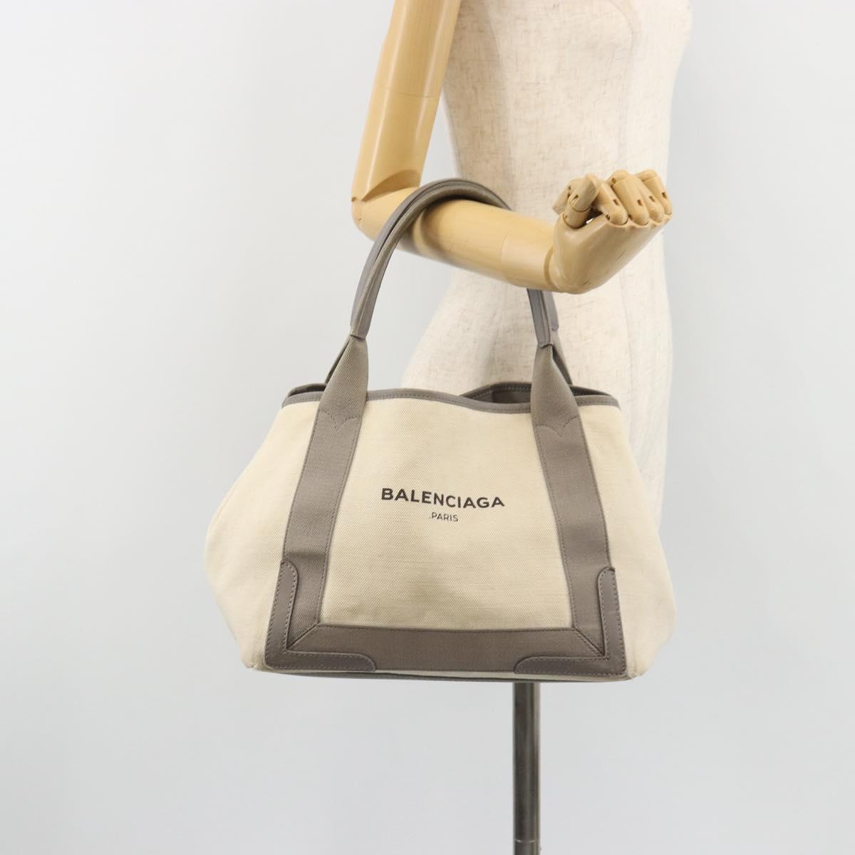 BALENCIAGA Navy Cabas S Tote Bag Canvas Leather White Silver 339933 Auth 188368