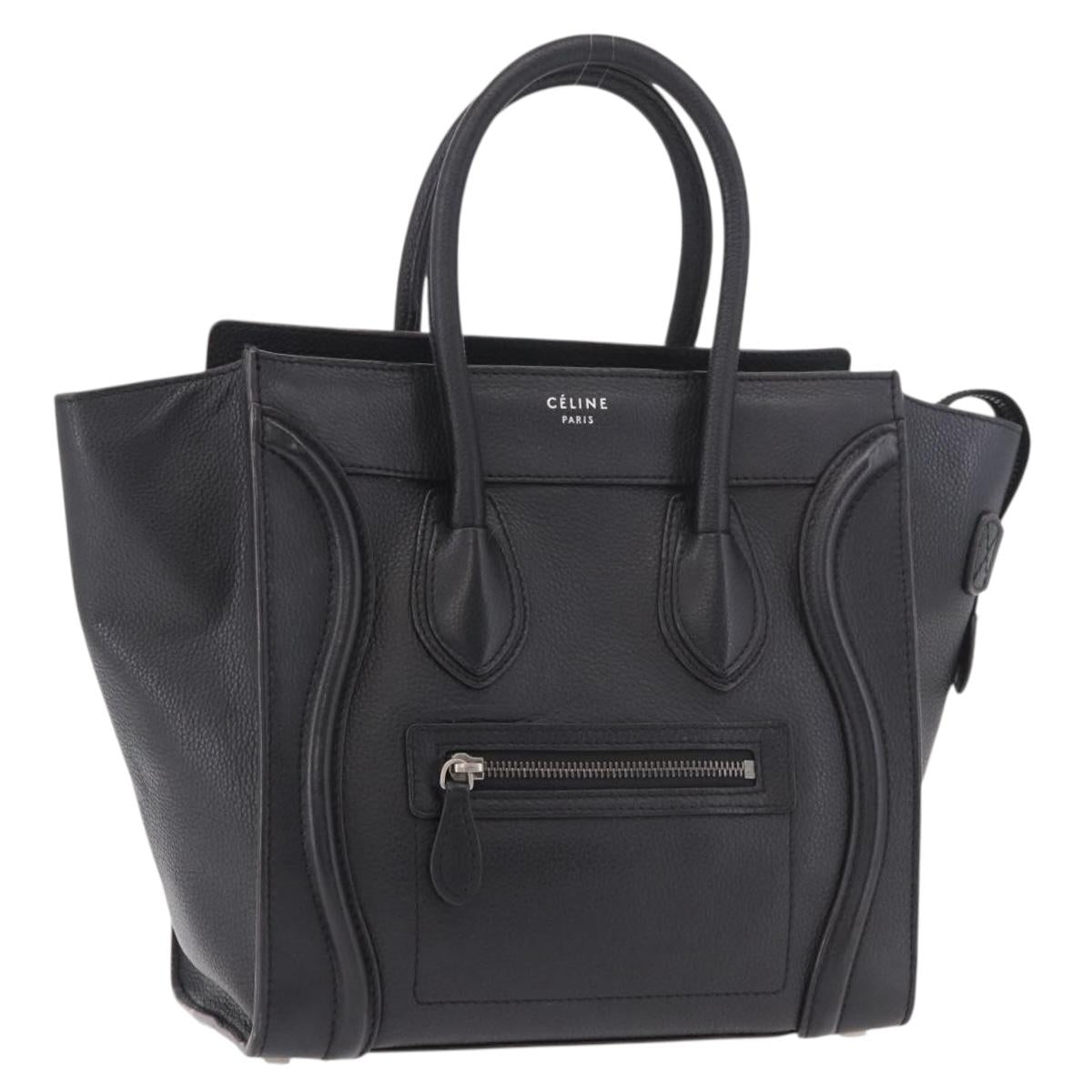 CELINE Luggage Micro Shopper Hand Bag Leather Black Silver Auth 188371SAM