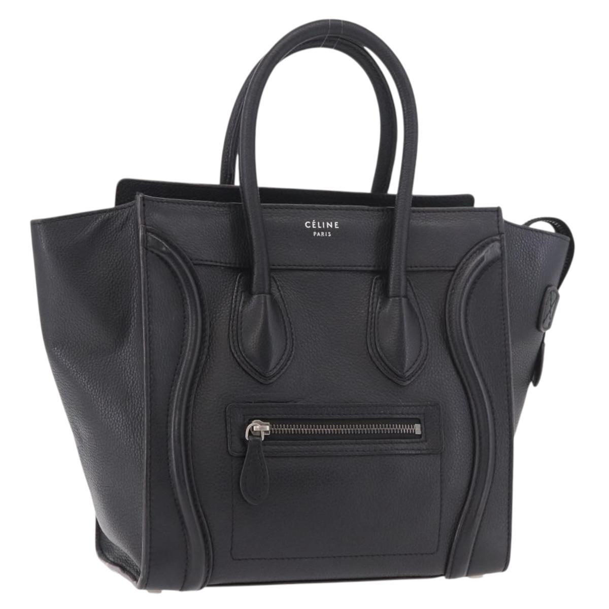 CELINE Luggage Micro Shopper Hand Bag Leather Black Silver Auth 188371SAM