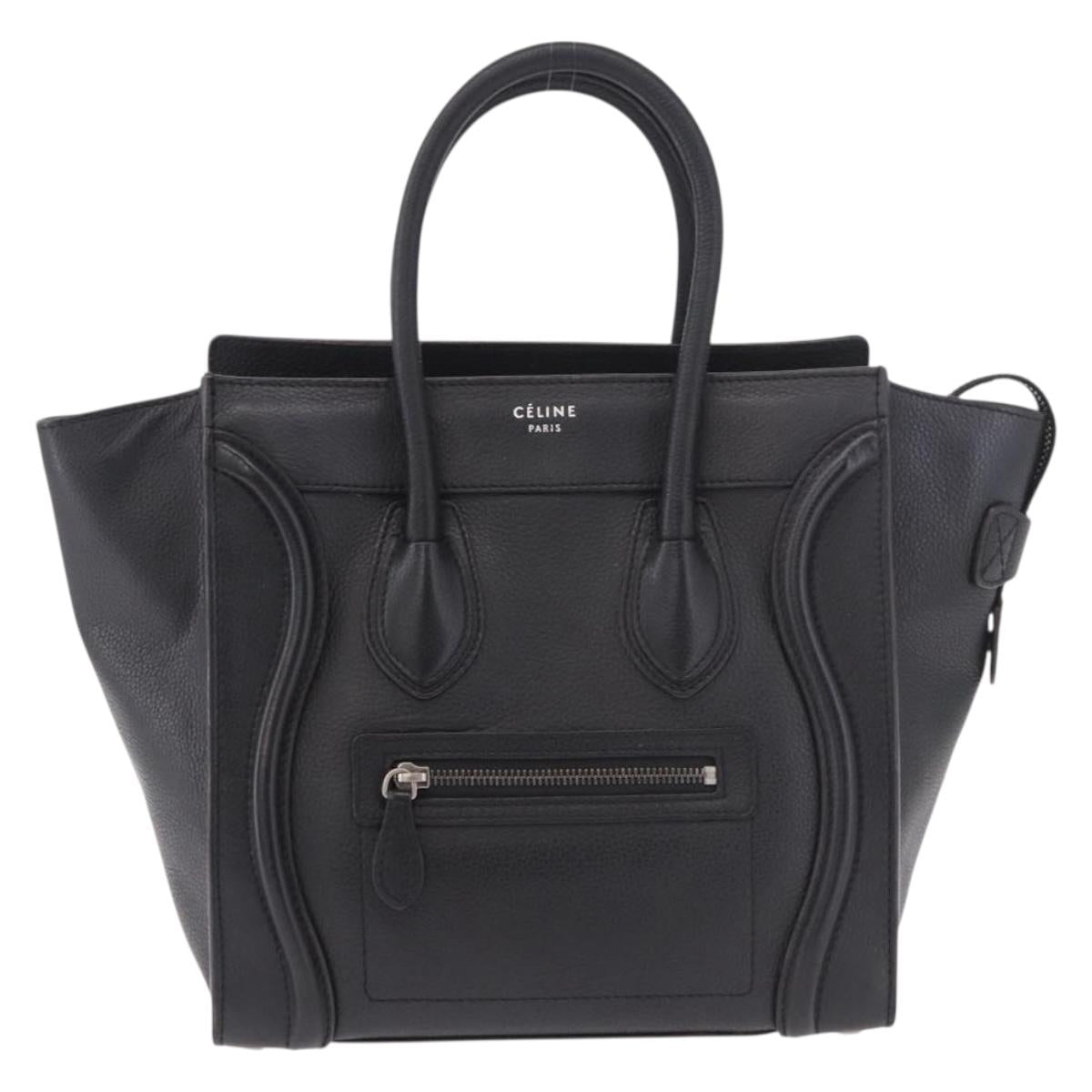 CELINE Luggage Micro Shopper Hand Bag Leather Black Silver Auth 188371SAM