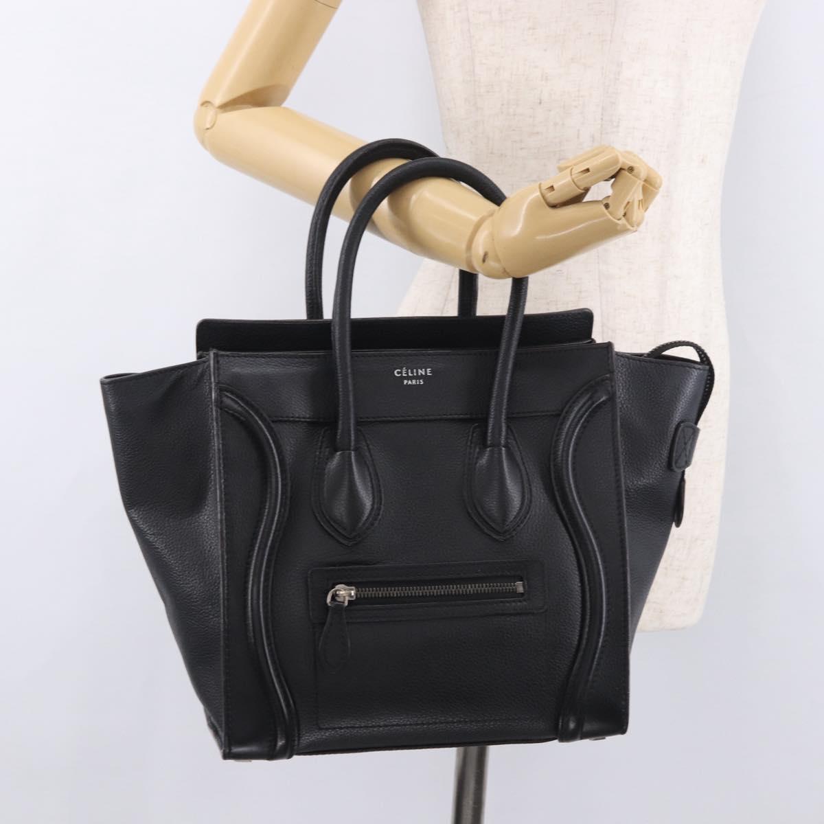 CELINE Luggage Micro Shopper Hand Bag Leather Black Silver Auth 188371SAM