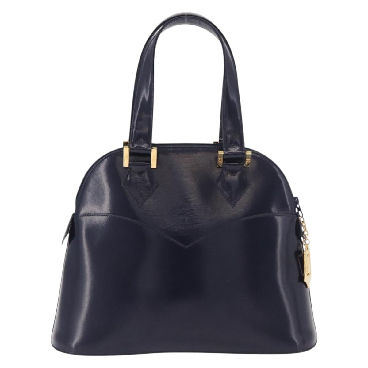 SAINT LAURENT Hand Bag Leather Navy Gold Auth 188373