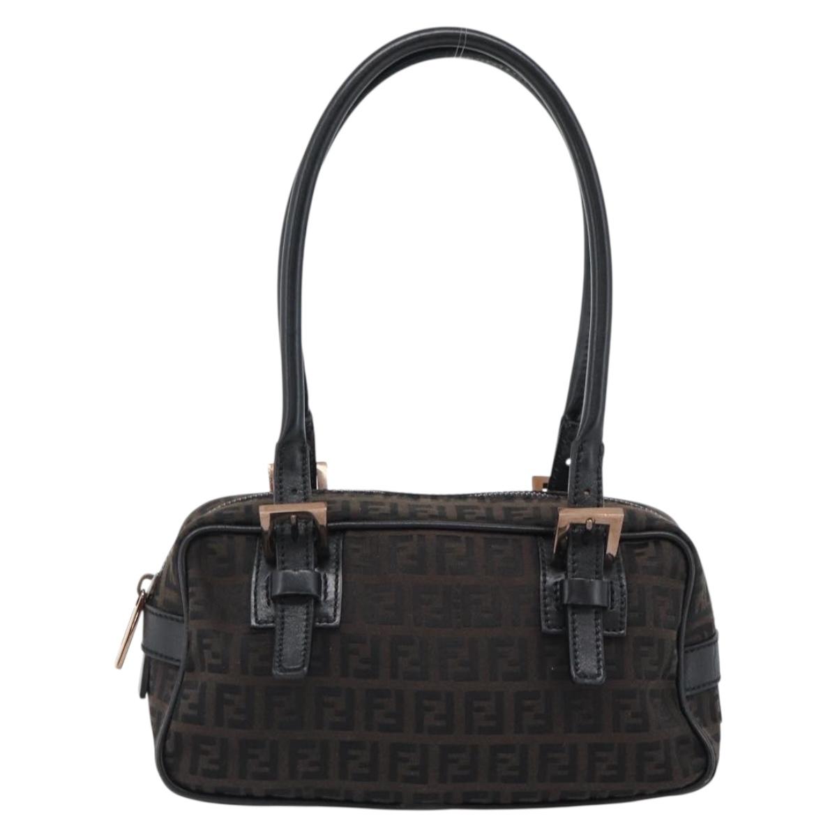 FENDI Zucchino Canvas Hand Bag Dark Brown Auth 188385SAV