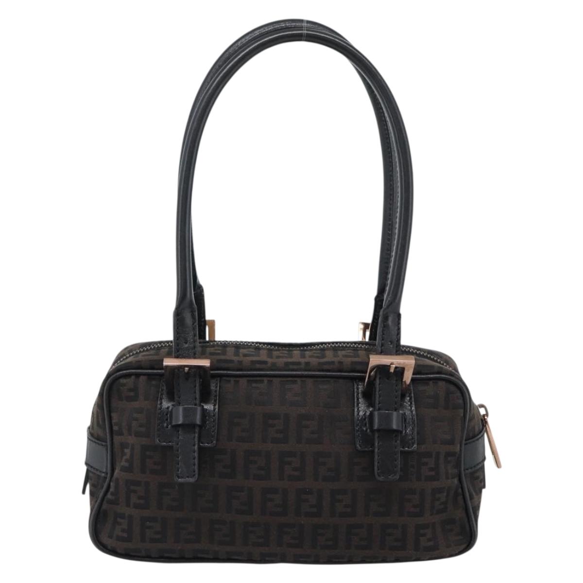 FENDI Zucchino Canvas Hand Bag Dark Brown Auth 188385SAV