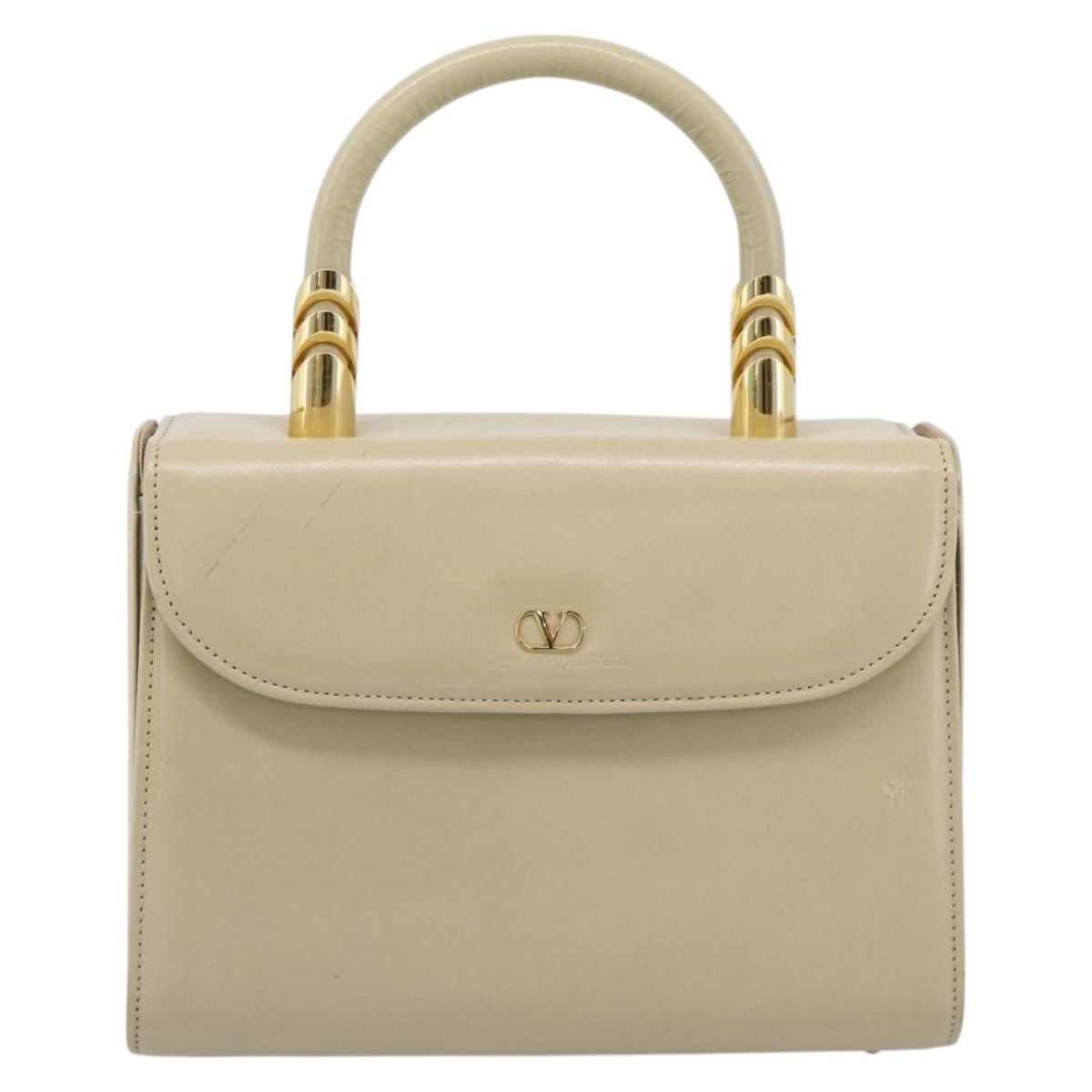 VALENTINO Hand Bag Leather Beige Gold Auth 188391