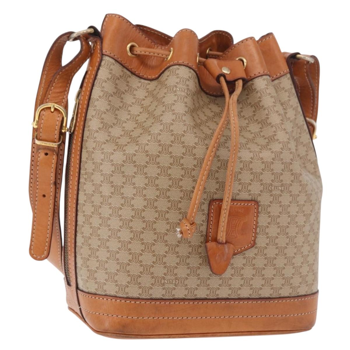 CELINE Macadam Canvas Shoulder Bag PVC Beige Gold Auth 188399