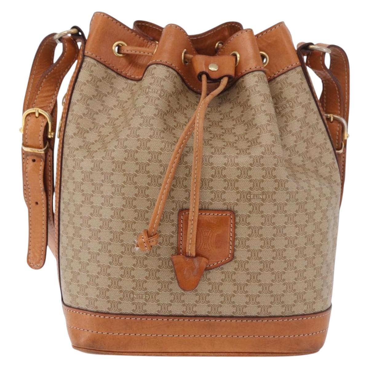 CELINE Macadam Canvas Shoulder Bag PVC Beige Gold Auth 188399
