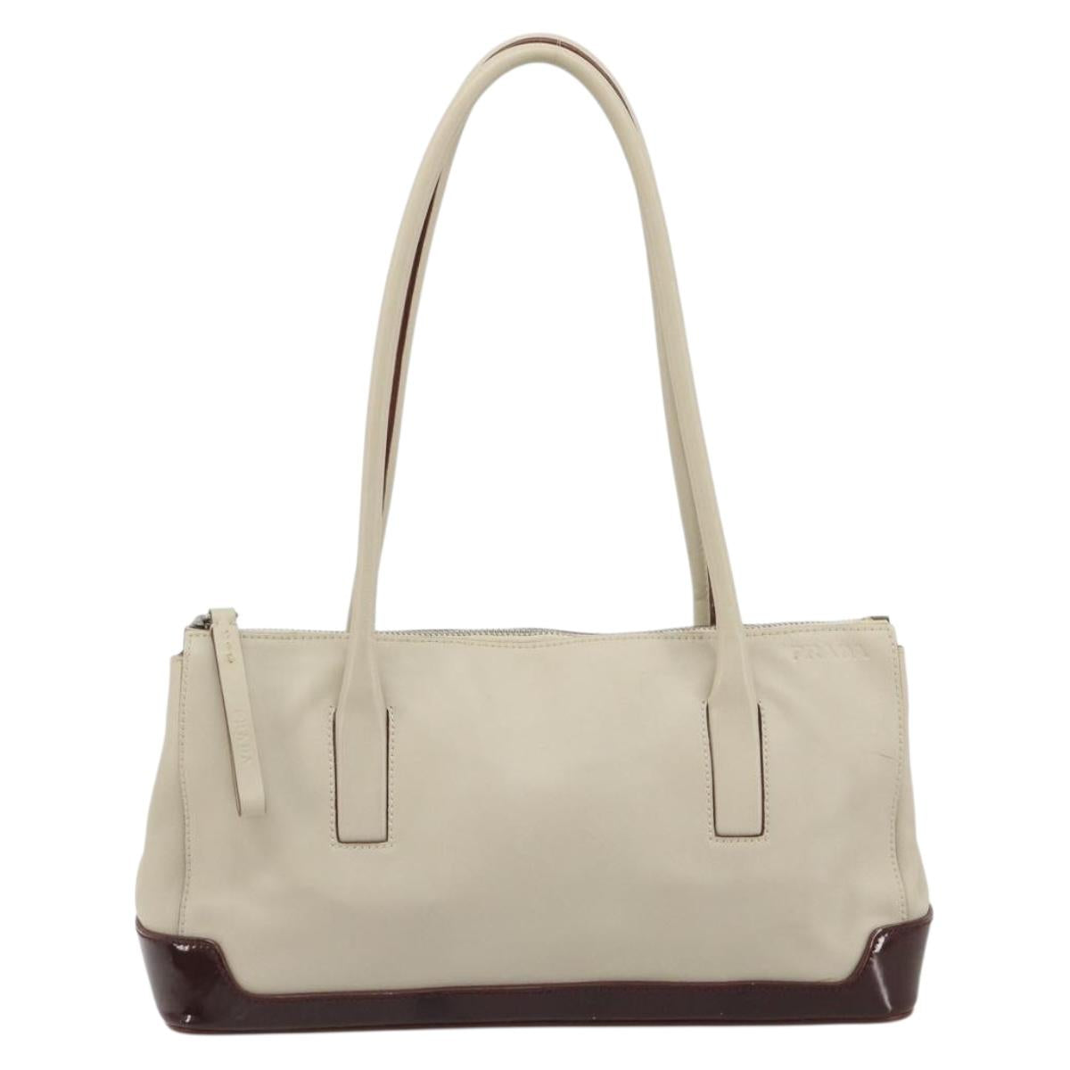 PRADA Tote Bag Leather Beige Silver Auth 188408A