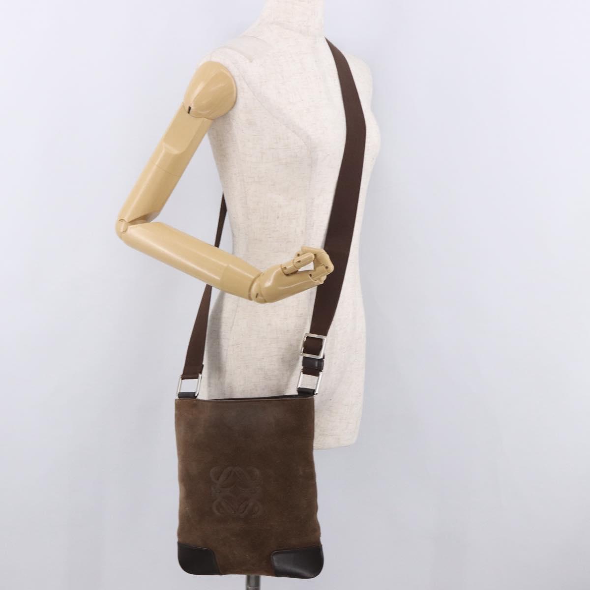 LOEWE Anagram Shoulder Bag Suede Brown Silver Auth 188410A
