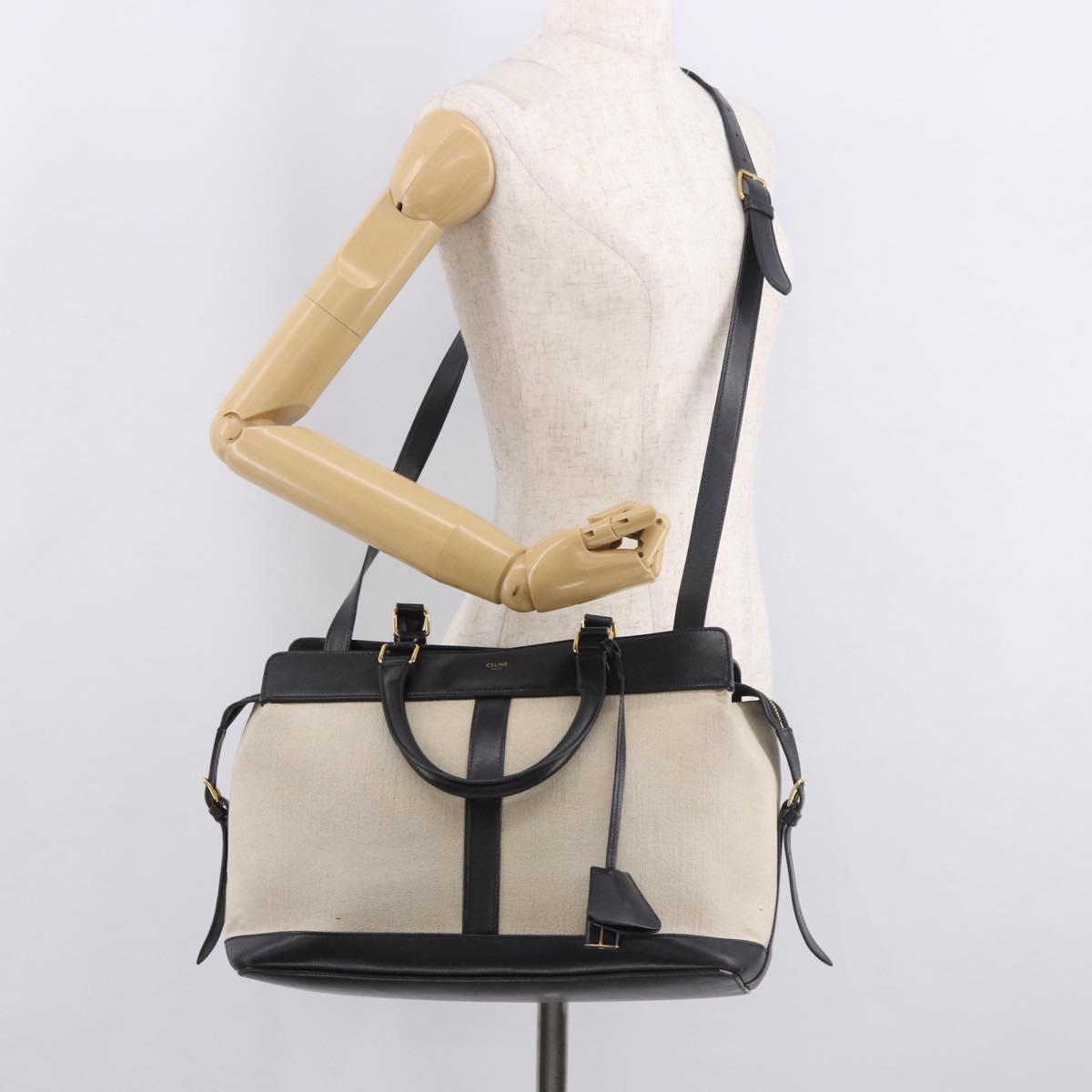 CELINE Cabas De France Hand Bag Canvas Leather 2way Beige Gold Auth 188436