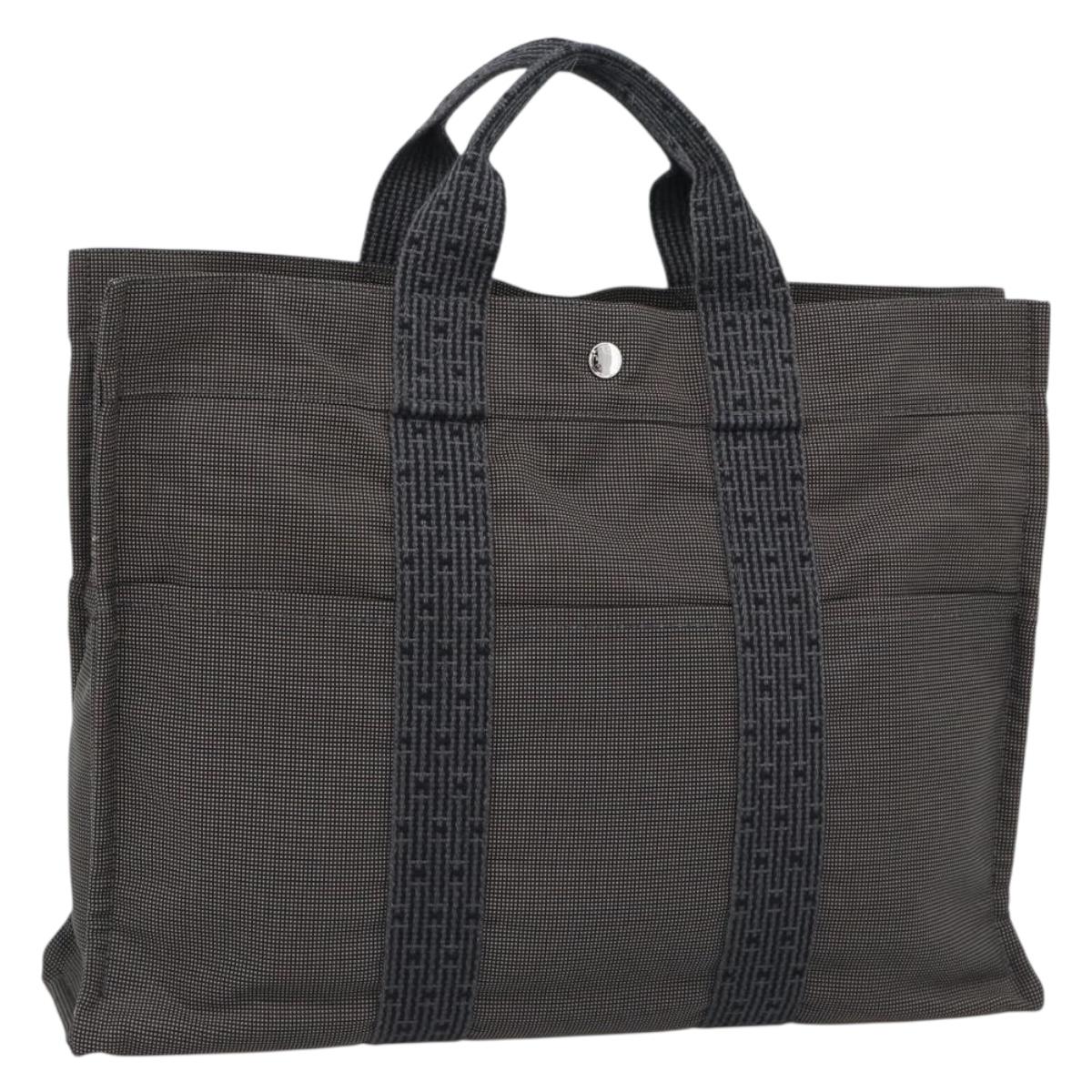 HERMES Her Line MM Hand Bag Canvas Gray Silver Auth 188440A