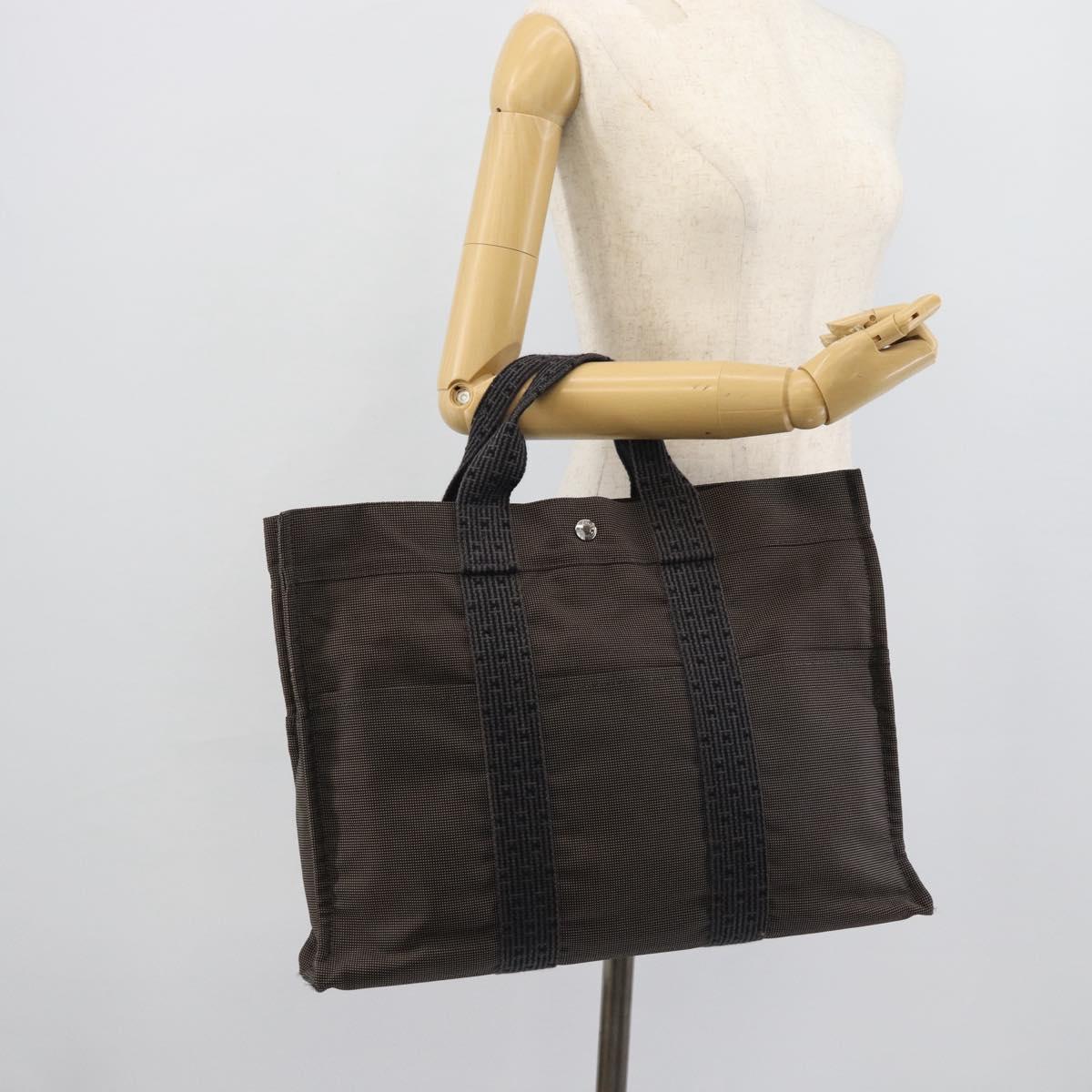 HERMES Her Line MM Hand Bag Canvas Gray Silver Auth 188440A