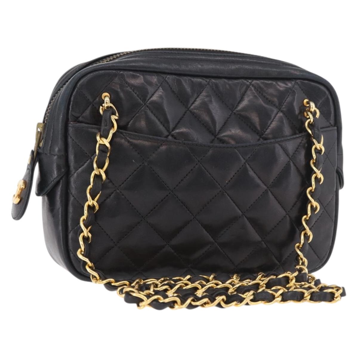 CHANEL Matelasse Chain Shoulder Bag Lamb Skin Black Gold CC Auth 188446