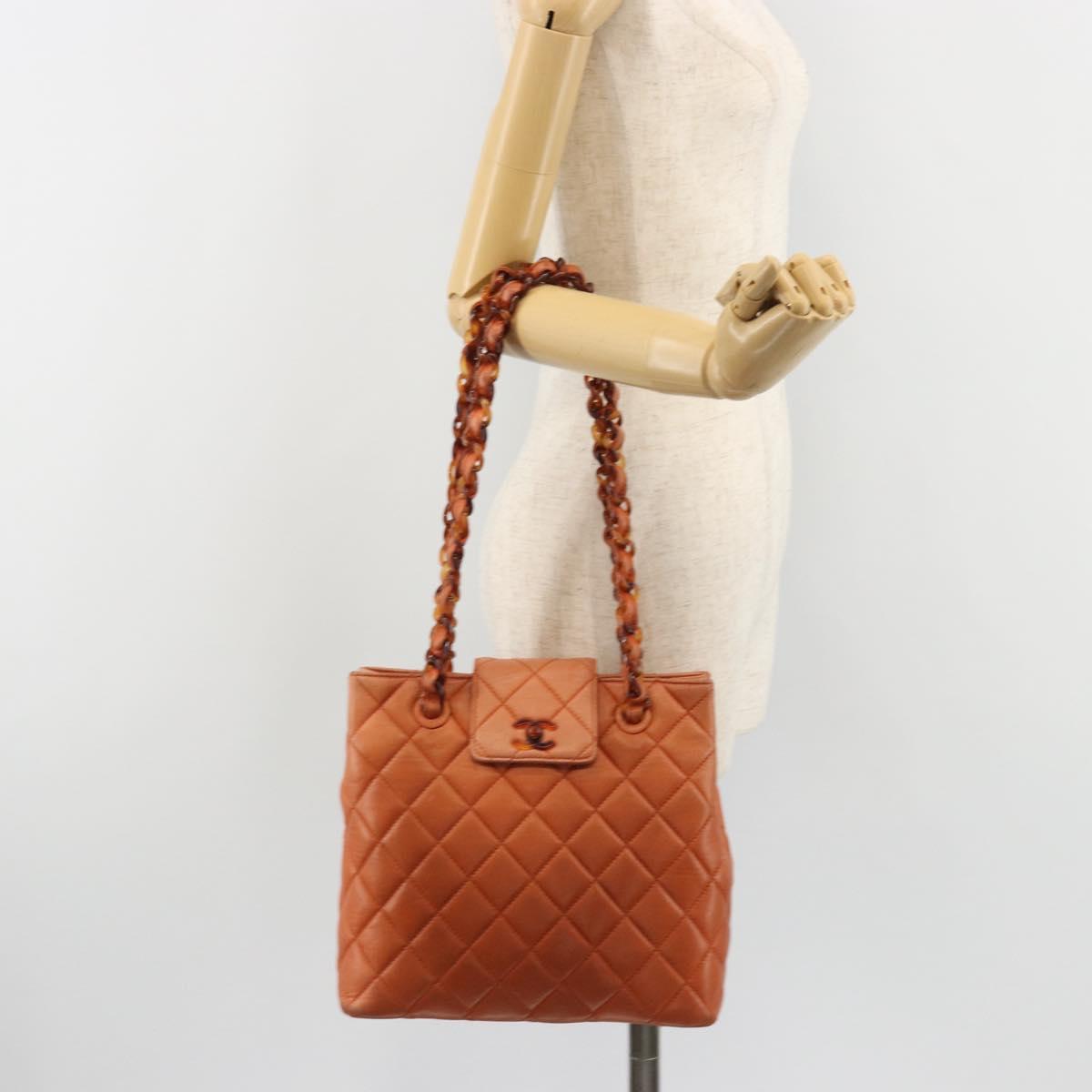 CHANEL Matelasse Chain Shoulder Bag Lamb Skin Orange CC Auth 188455A