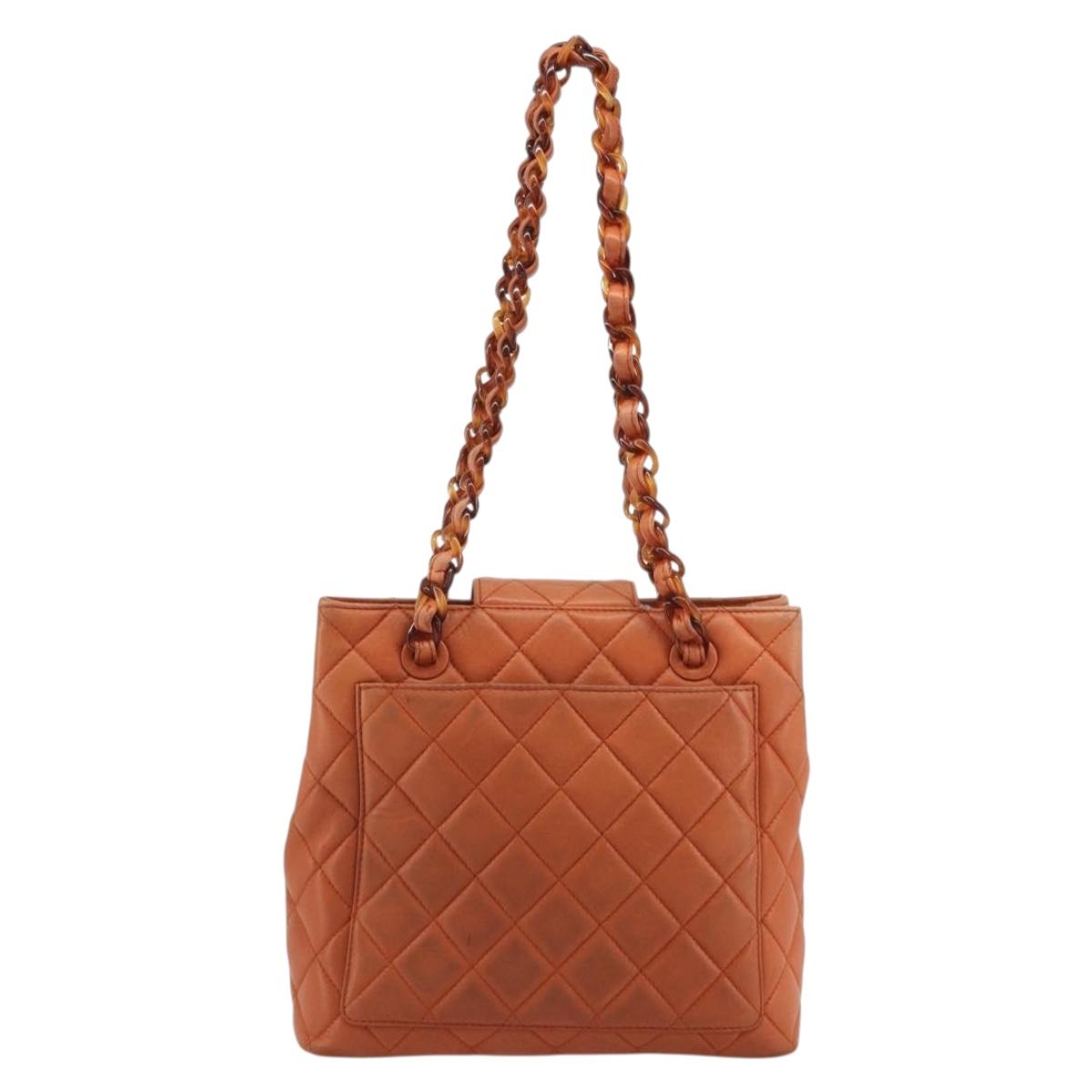 CHANEL Matelasse Chain Shoulder Bag Lamb Skin Orange CC Auth 188455A