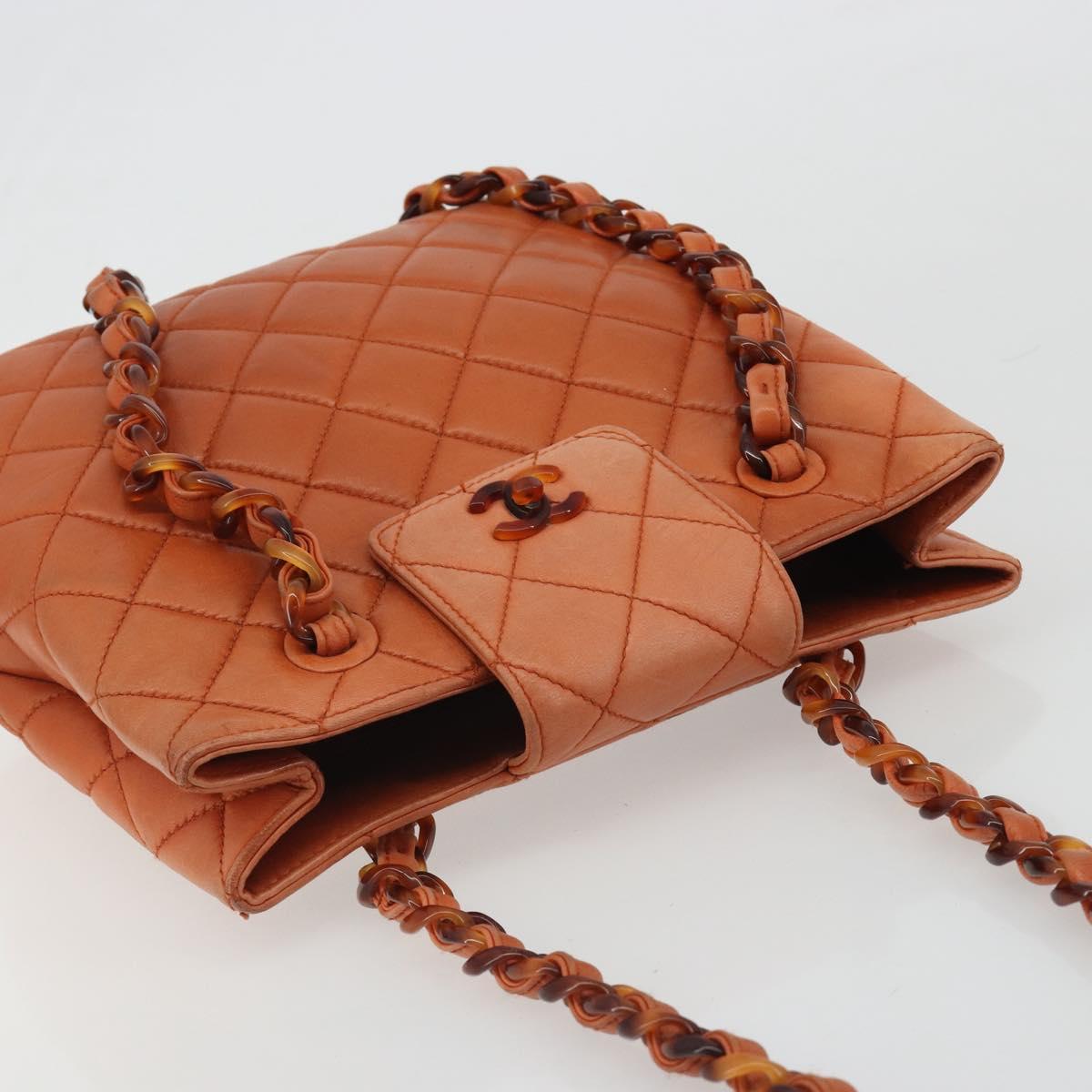CHANEL Matelasse Chain Shoulder Bag Lamb Skin Orange CC Auth 188455A