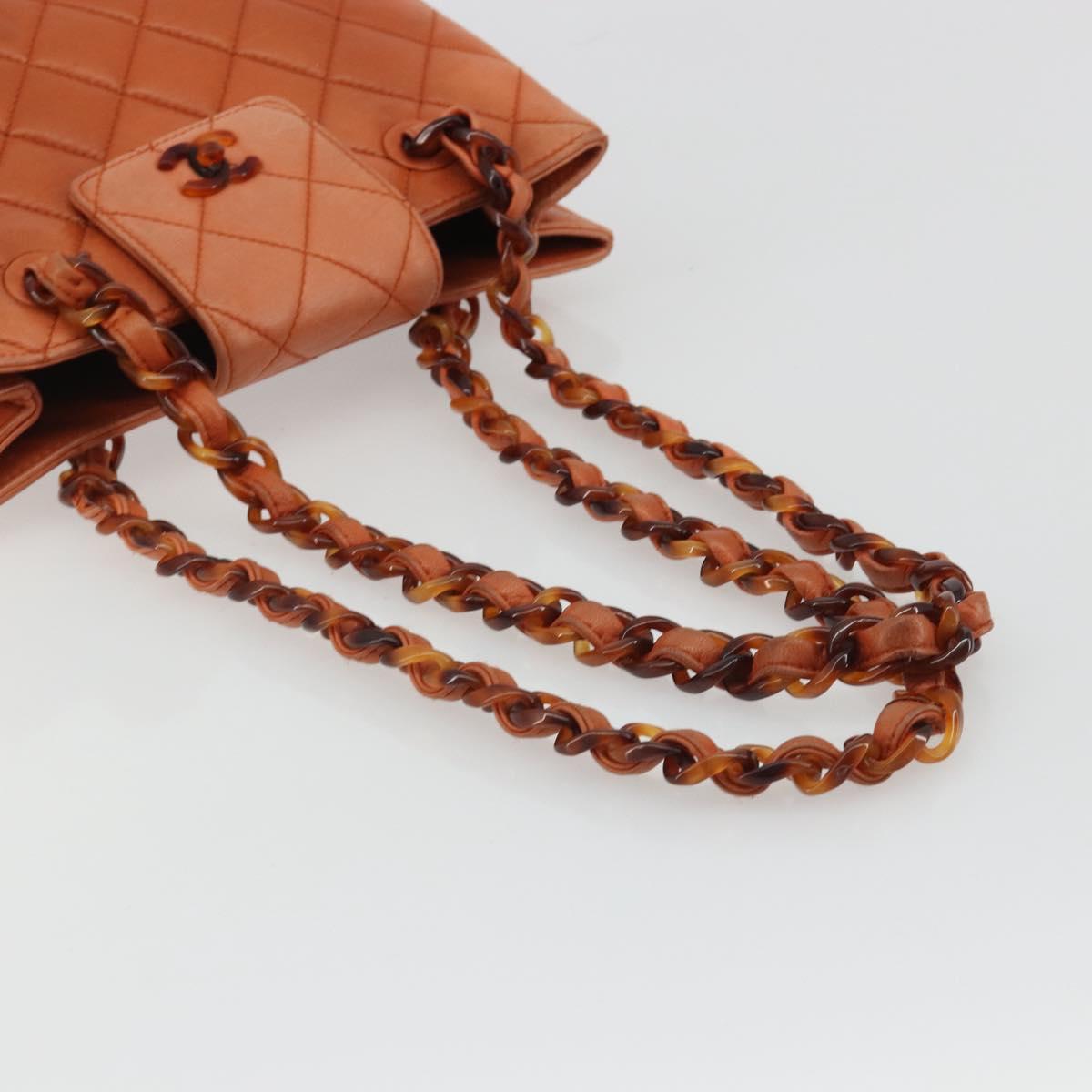 CHANEL Matelasse Chain Shoulder Bag Lamb Skin Orange CC Auth 188455A