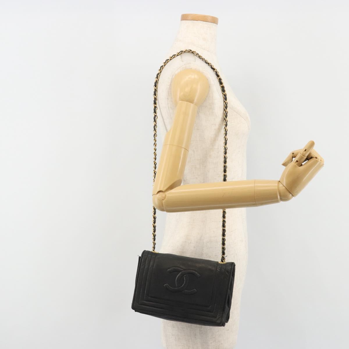 CHANEL Chain Shoulder Bag Lamb Skin Black Gold CC Auth 188459
