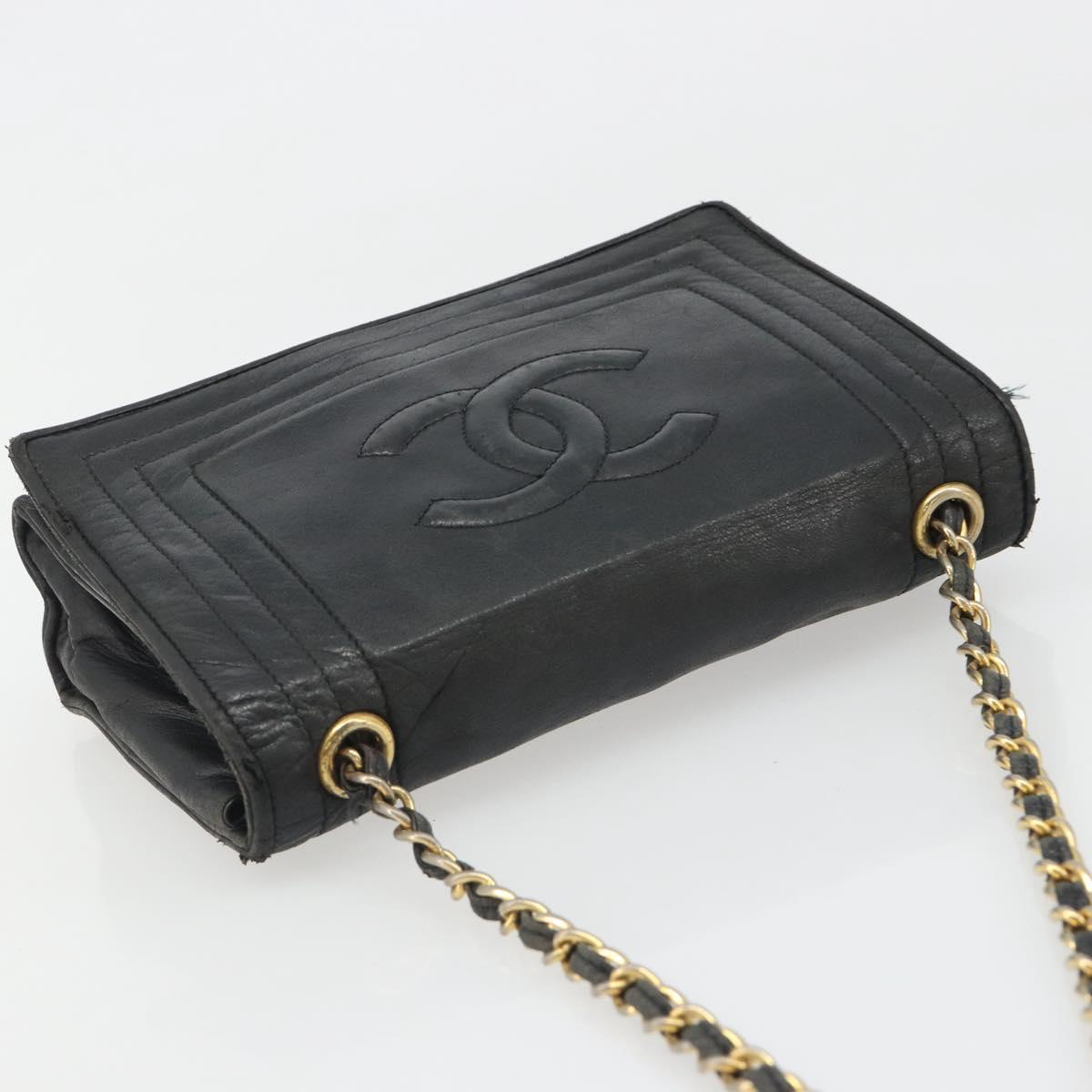 CHANEL Chain Shoulder Bag Lamb Skin Black Gold CC Auth 188459