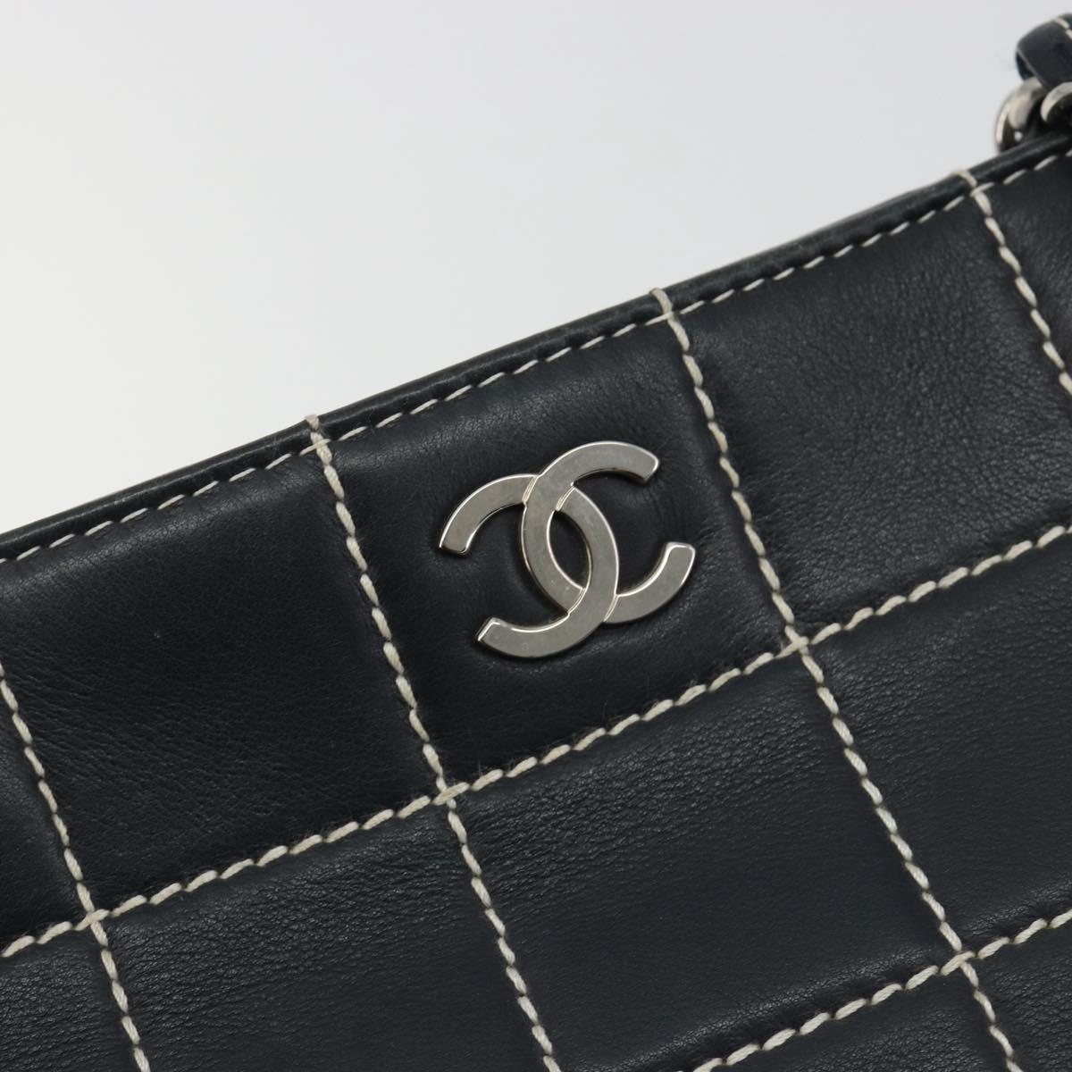 CHANEL Choco Bar Chain Tote Bag Lamb Skin Navy Silver CC Auth 188462SAV