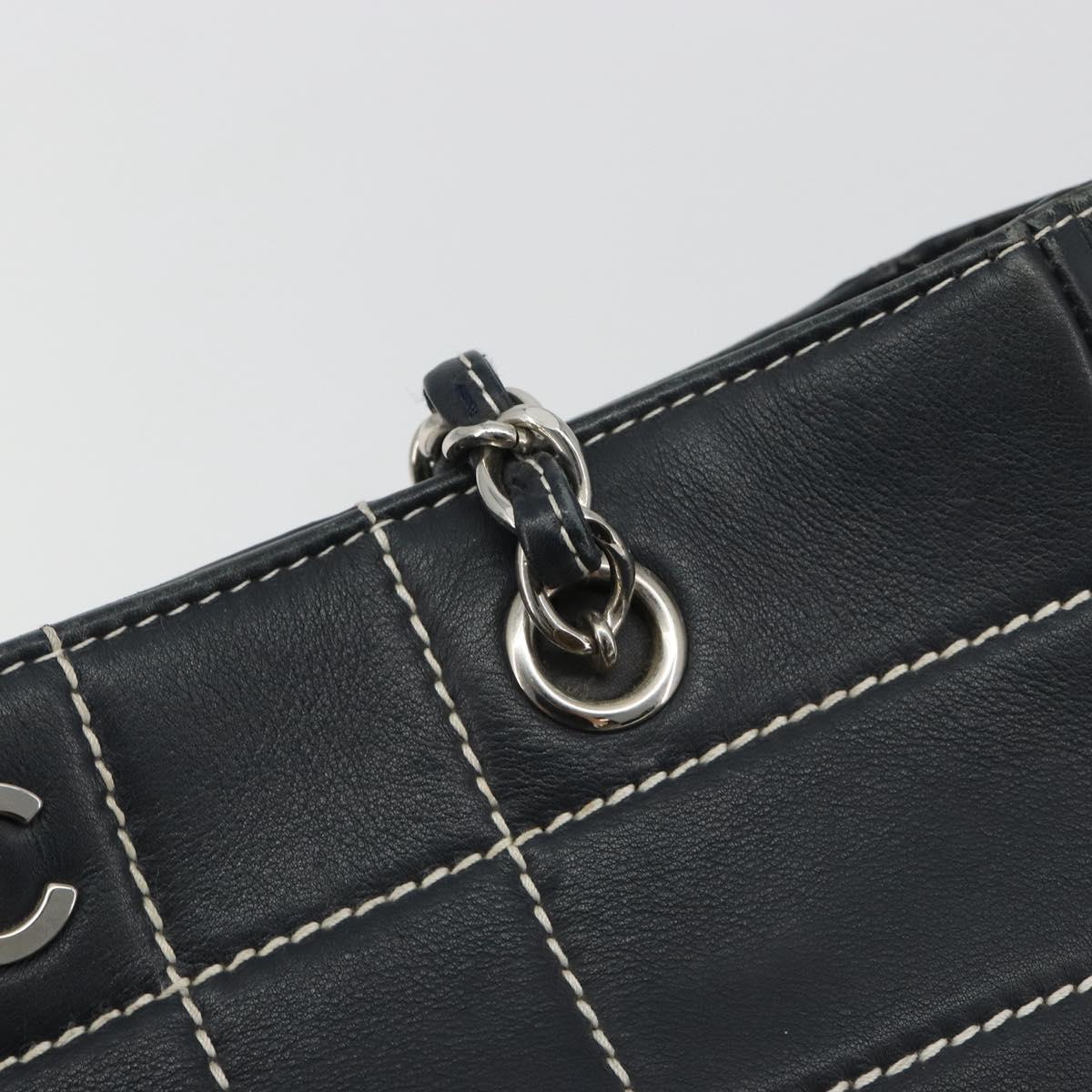 CHANEL Choco Bar Chain Tote Bag Lamb Skin Navy Silver CC Auth 188462SAV
