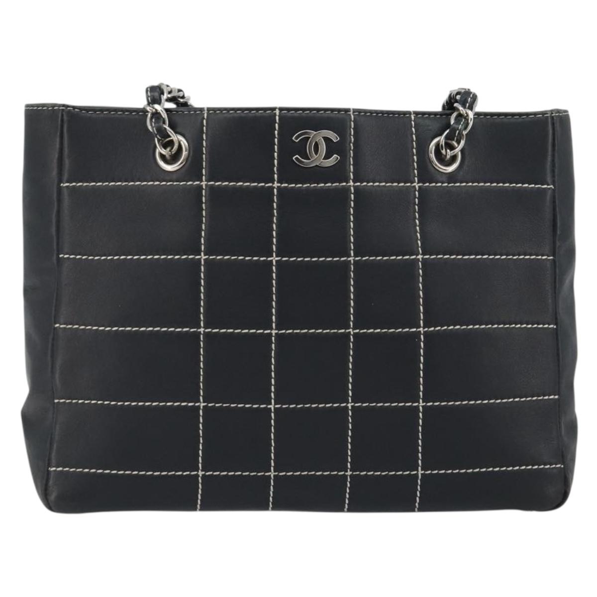 CHANEL Choco Bar Chain Tote Bag Lamb Skin Navy Silver CC Auth 188462SAV
