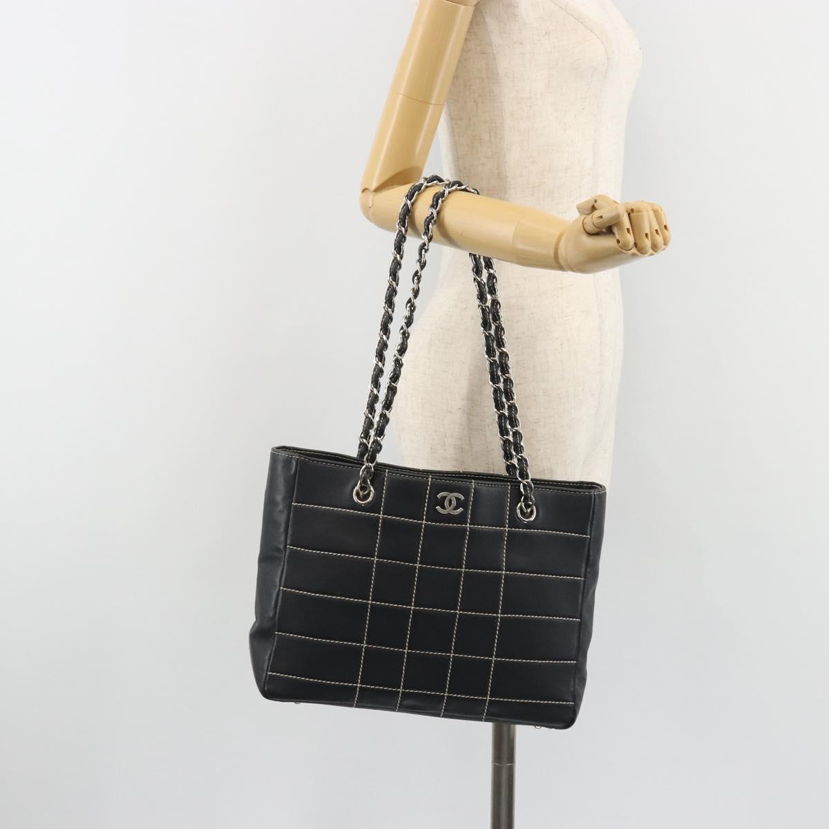 CHANEL Choco Bar Chain Tote Bag Lamb Skin Navy Silver CC Auth 188462SAV