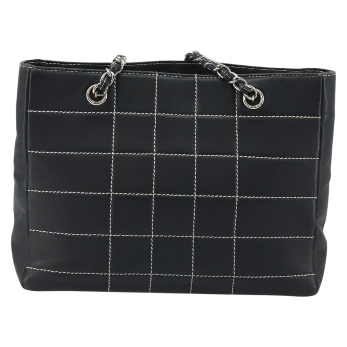 CHANEL Choco Bar Chain Tote Bag Lamb Skin Navy Silver CC Auth 188462SAV
